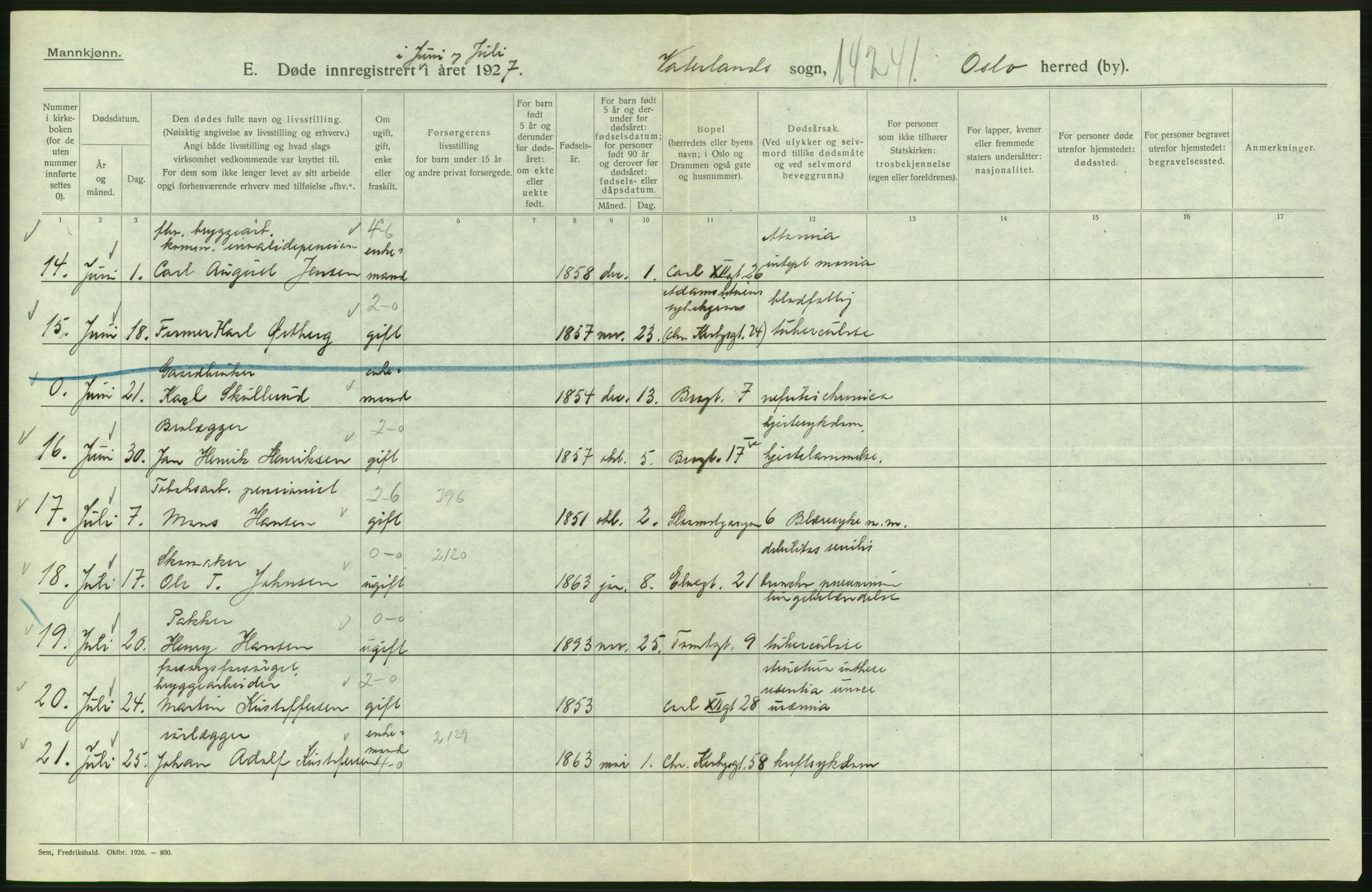 Statistisk sentralbyrå, Sosiodemografiske emner, Befolkning, AV/RA-S-2228/D/Df/Dfc/Dfcg/L0009: Oslo: Døde menn, 1927, s. 586