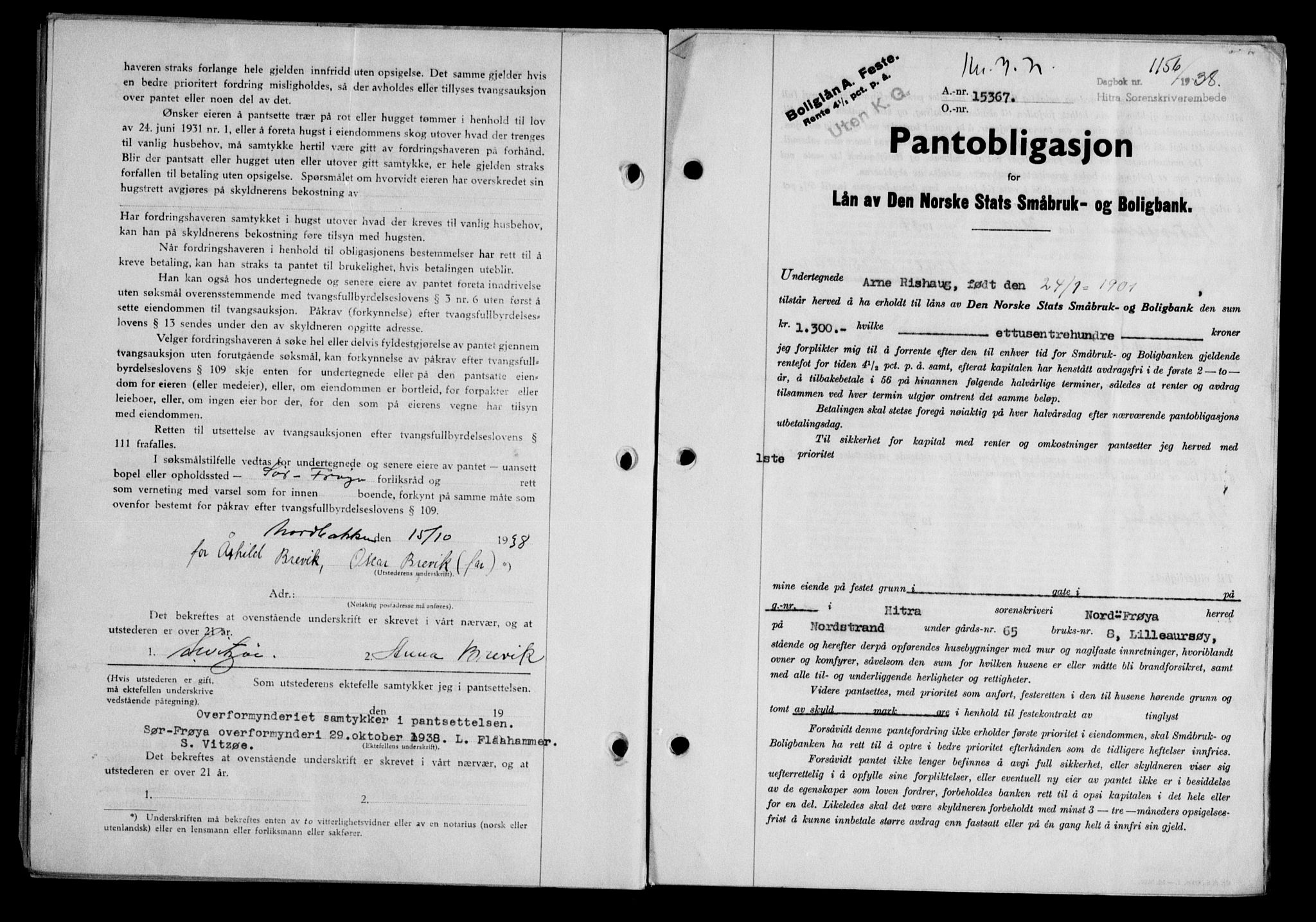 Hitra sorenskriveri, AV/SAT-A-0018/2/2C/2Ca/L0028: Pantebok nr. B-1, 1936-1939, Dagboknr: 1156/1938