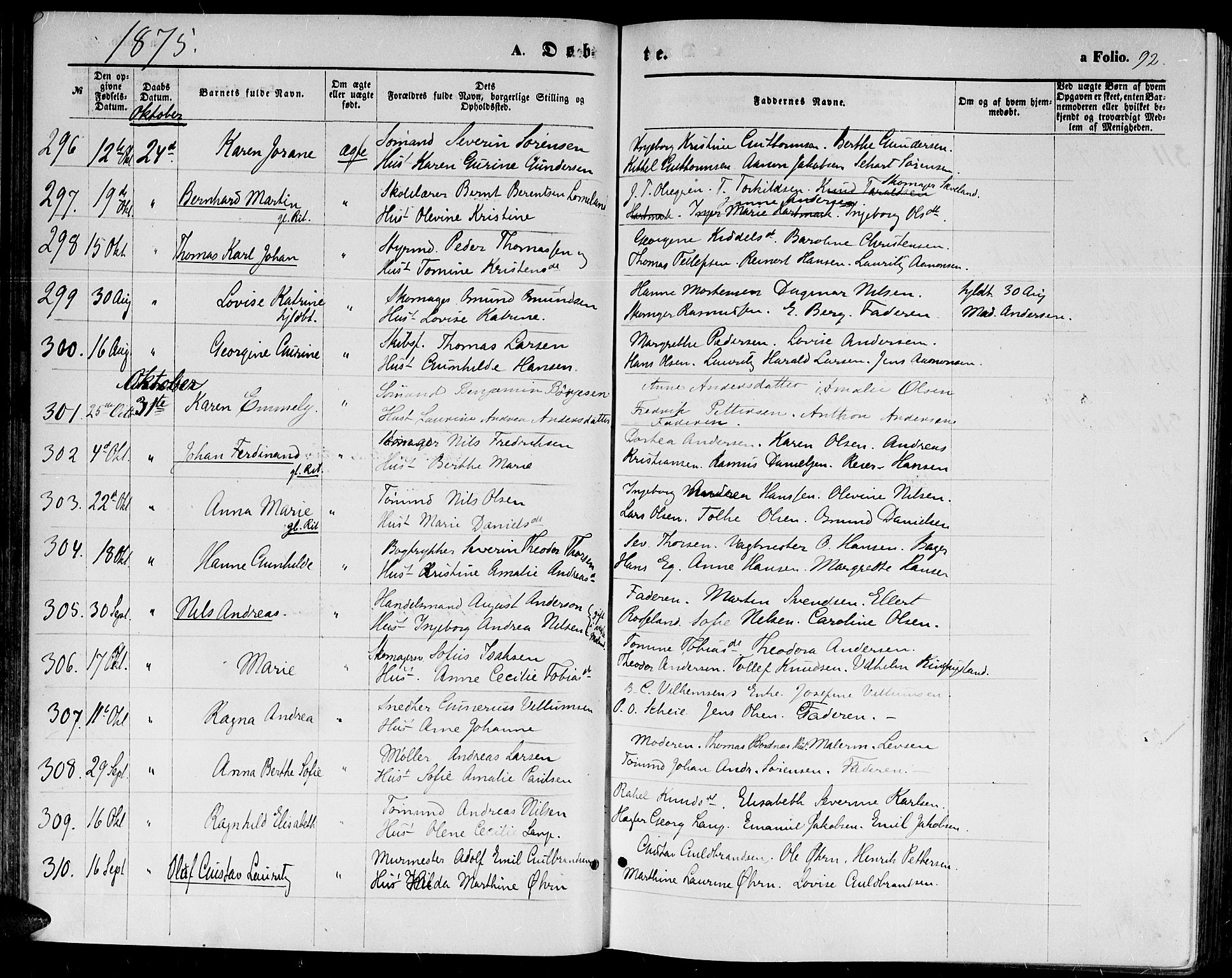 Kristiansand domprosti, AV/SAK-1112-0006/F/Fb/L0013: Klokkerbok nr. B 13, 1871-1880, s. 92