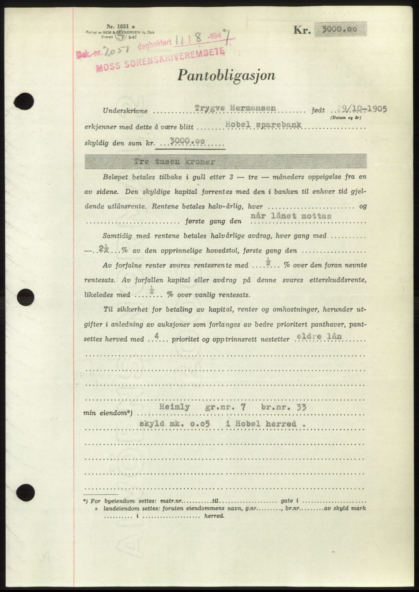Moss sorenskriveri, SAO/A-10168: Pantebok nr. B17, 1947-1947, Dagboknr: 2051/1947