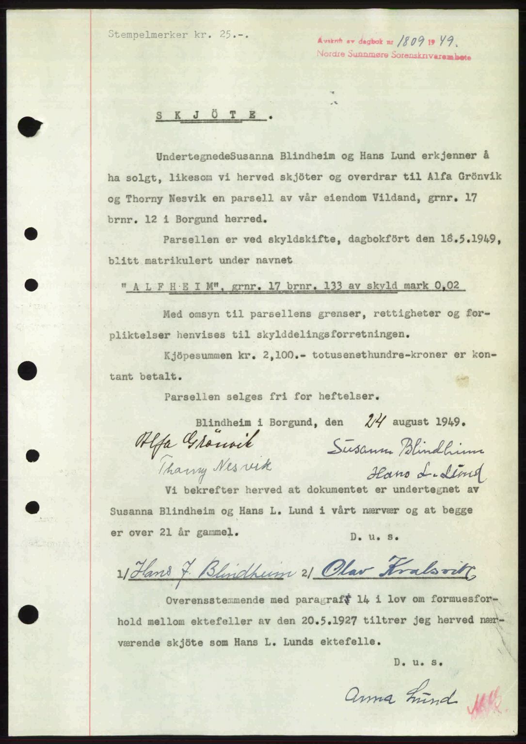 Nordre Sunnmøre sorenskriveri, AV/SAT-A-0006/1/2/2C/2Ca: Pantebok nr. A31, 1949-1949, Dagboknr: 1809/1949