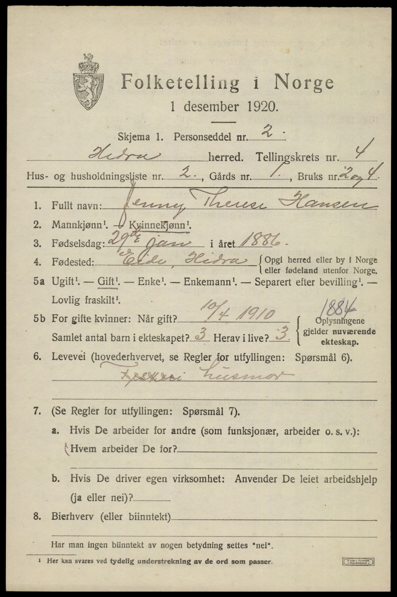 SAK, Folketelling 1920 for 1042 Hidra herred, 1920, s. 2098