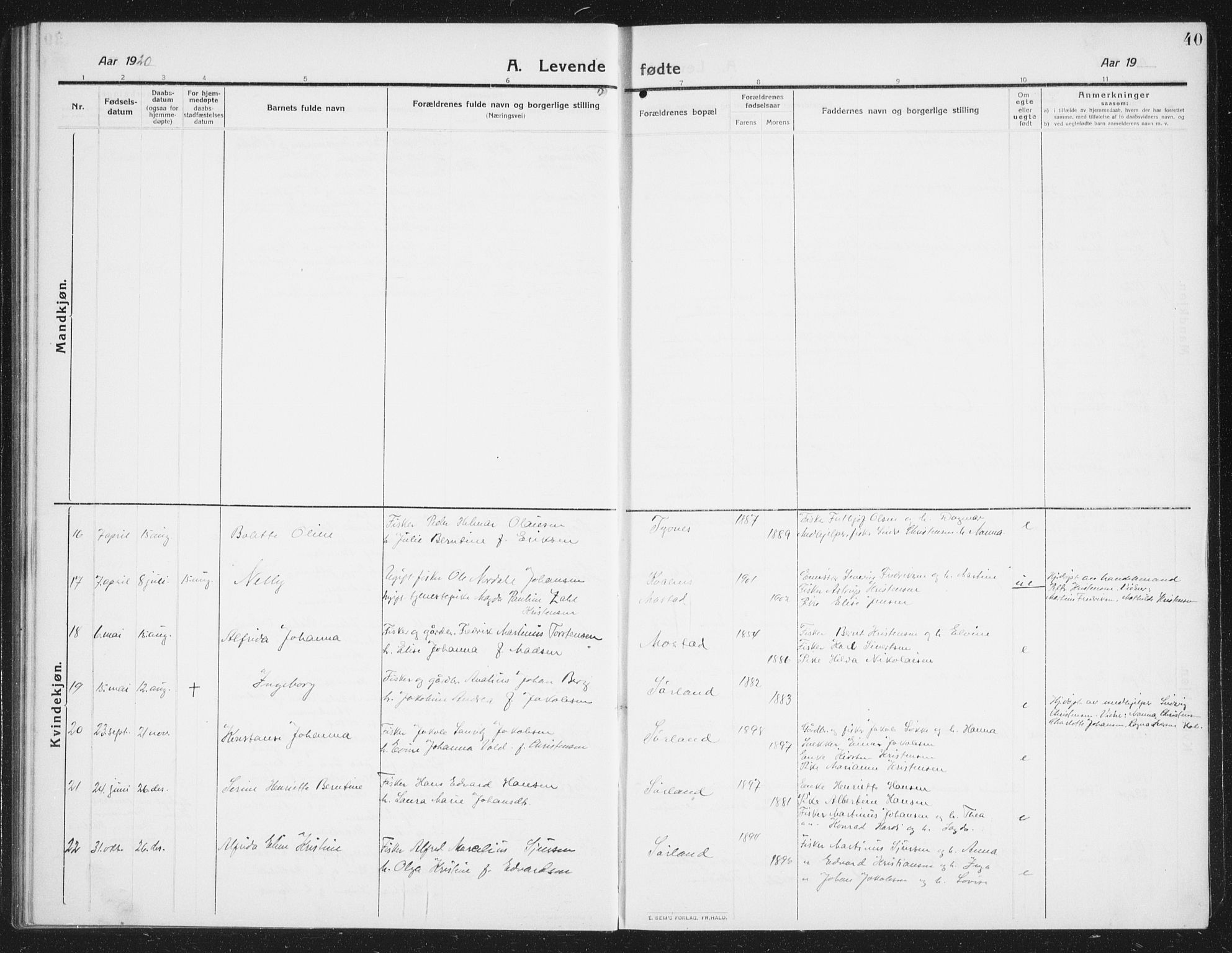 Ministerialprotokoller, klokkerbøker og fødselsregistre - Nordland, SAT/A-1459/807/L0124: Klokkerbok nr. 807C02, 1910-1935, s. 40