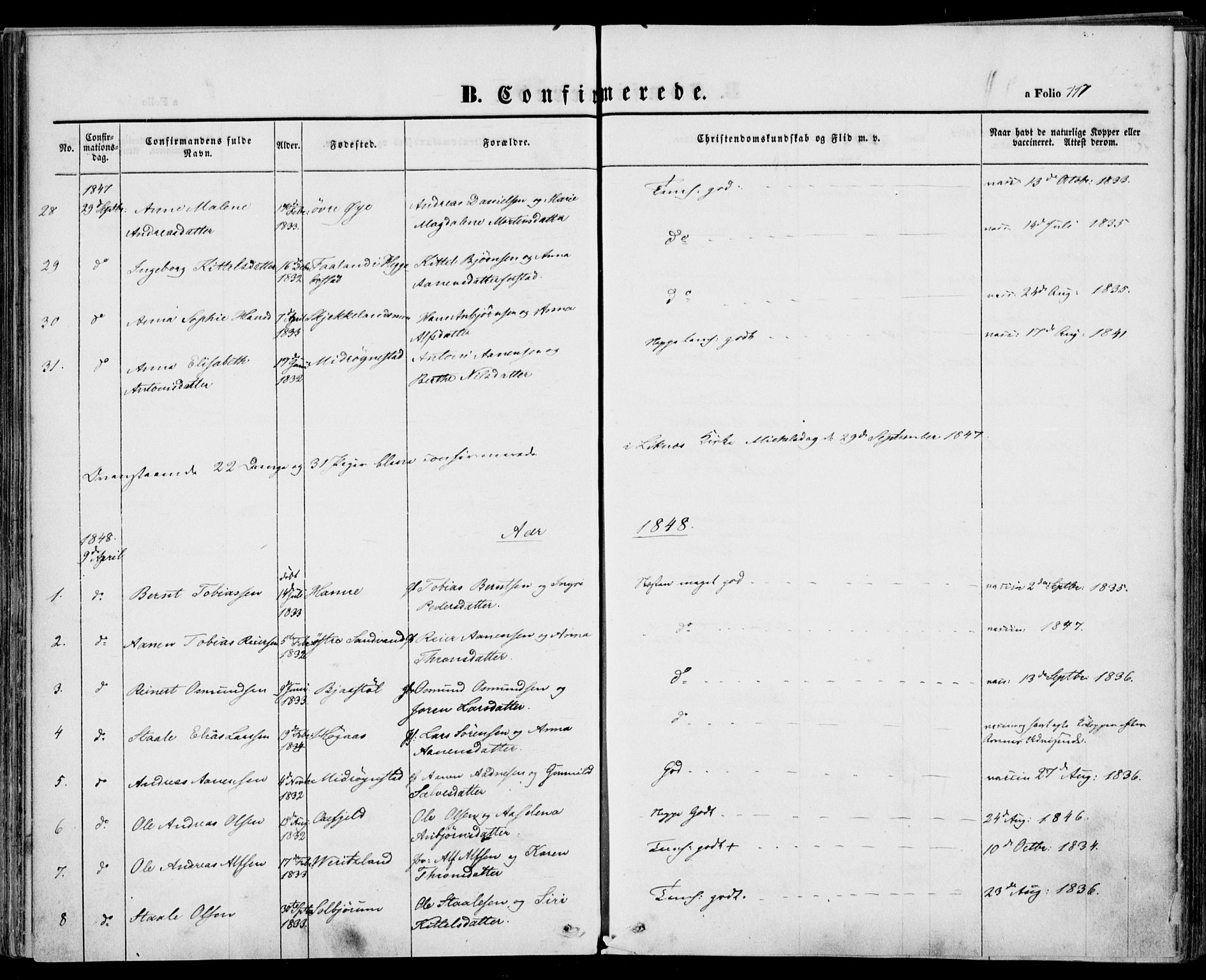 Kvinesdal sokneprestkontor, SAK/1111-0026/F/Fa/Fab/L0005: Ministerialbok nr. A 5, 1844-1857, s. 117