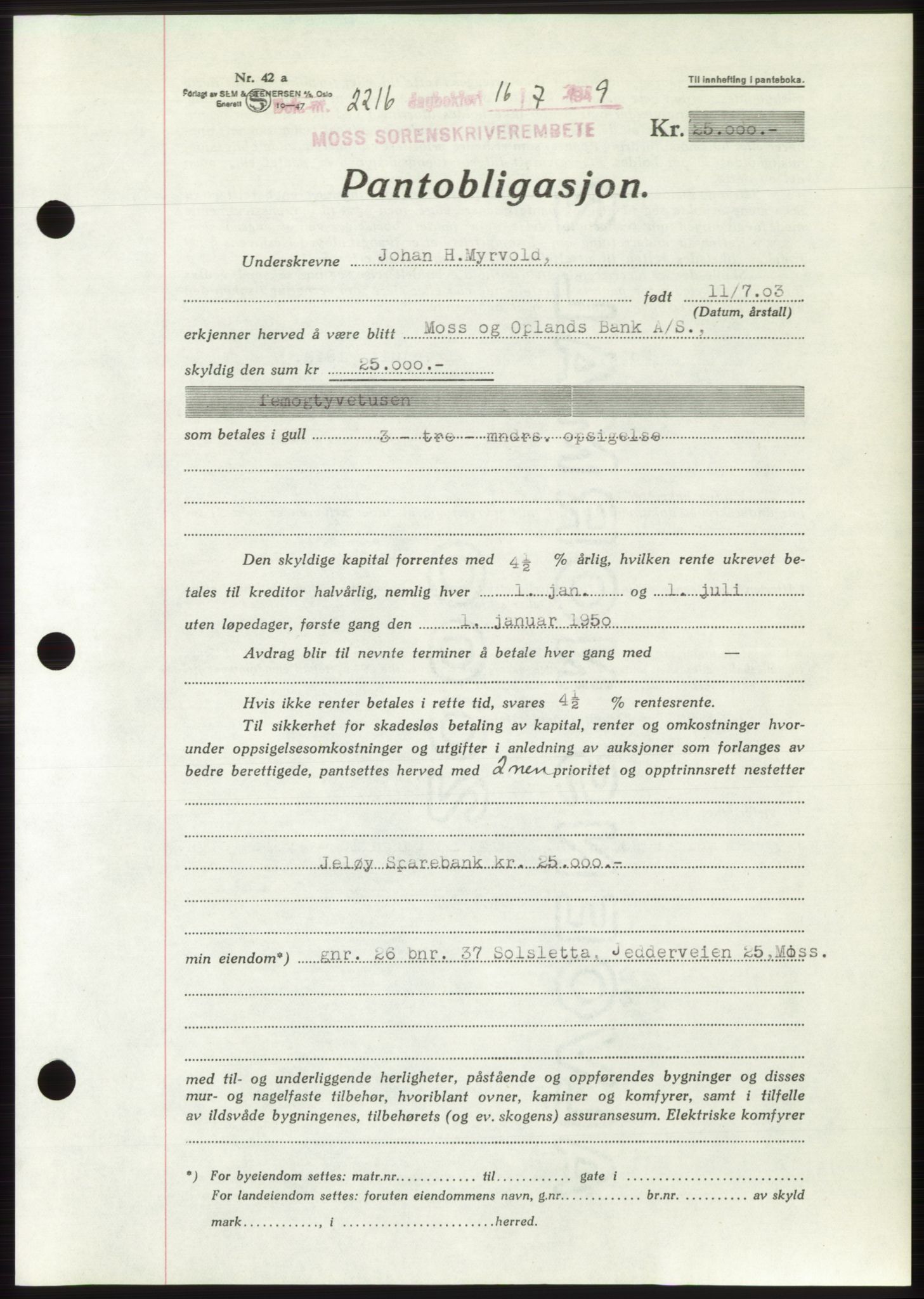 Moss sorenskriveri, SAO/A-10168: Pantebok nr. B22, 1949-1949, Dagboknr: 2216/1949
