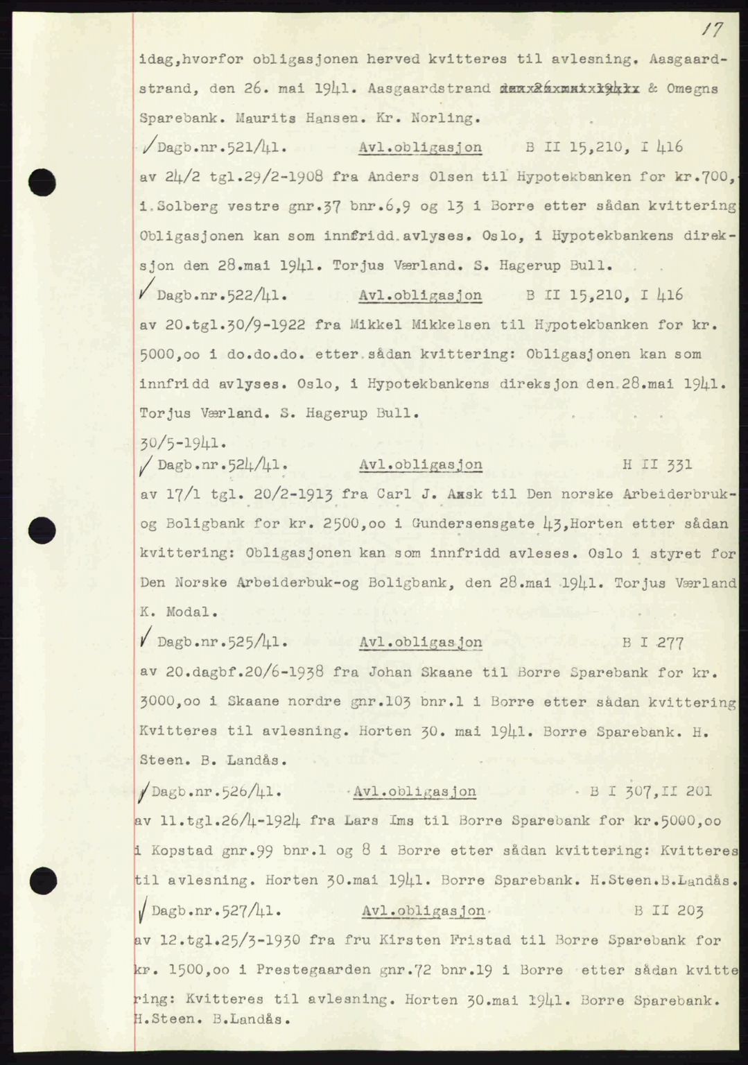 Horten sorenskriveri, SAKO/A-133/G/Ga/Gab/L0003: Pantebok nr. B-5 - B-6, 1941-1943, Dagboknr: 521/1941