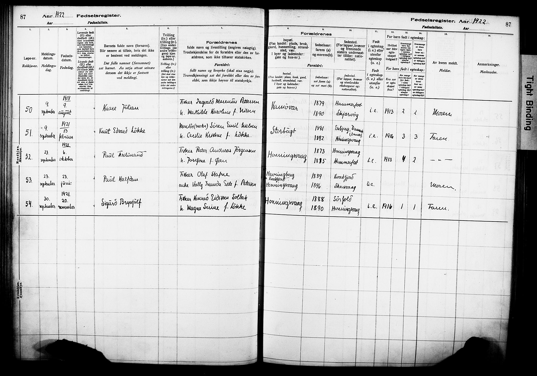 Kjelvik/Nordkapp sokneprestkontor, AV/SATØ-S-1350/I/Ia/L0015: Fødselsregister nr. 15, 1916-1930, s. 87