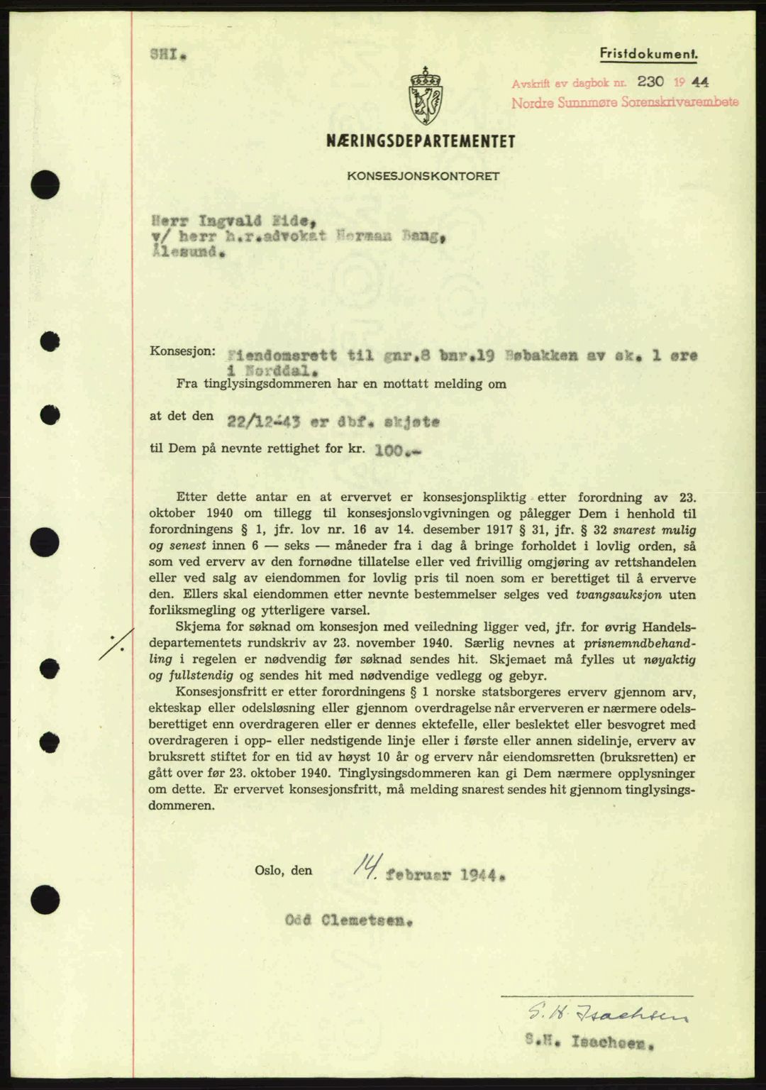 Nordre Sunnmøre sorenskriveri, AV/SAT-A-0006/1/2/2C/2Ca: Pantebok nr. B6-14 a, 1942-1945, Dagboknr: 230/1944