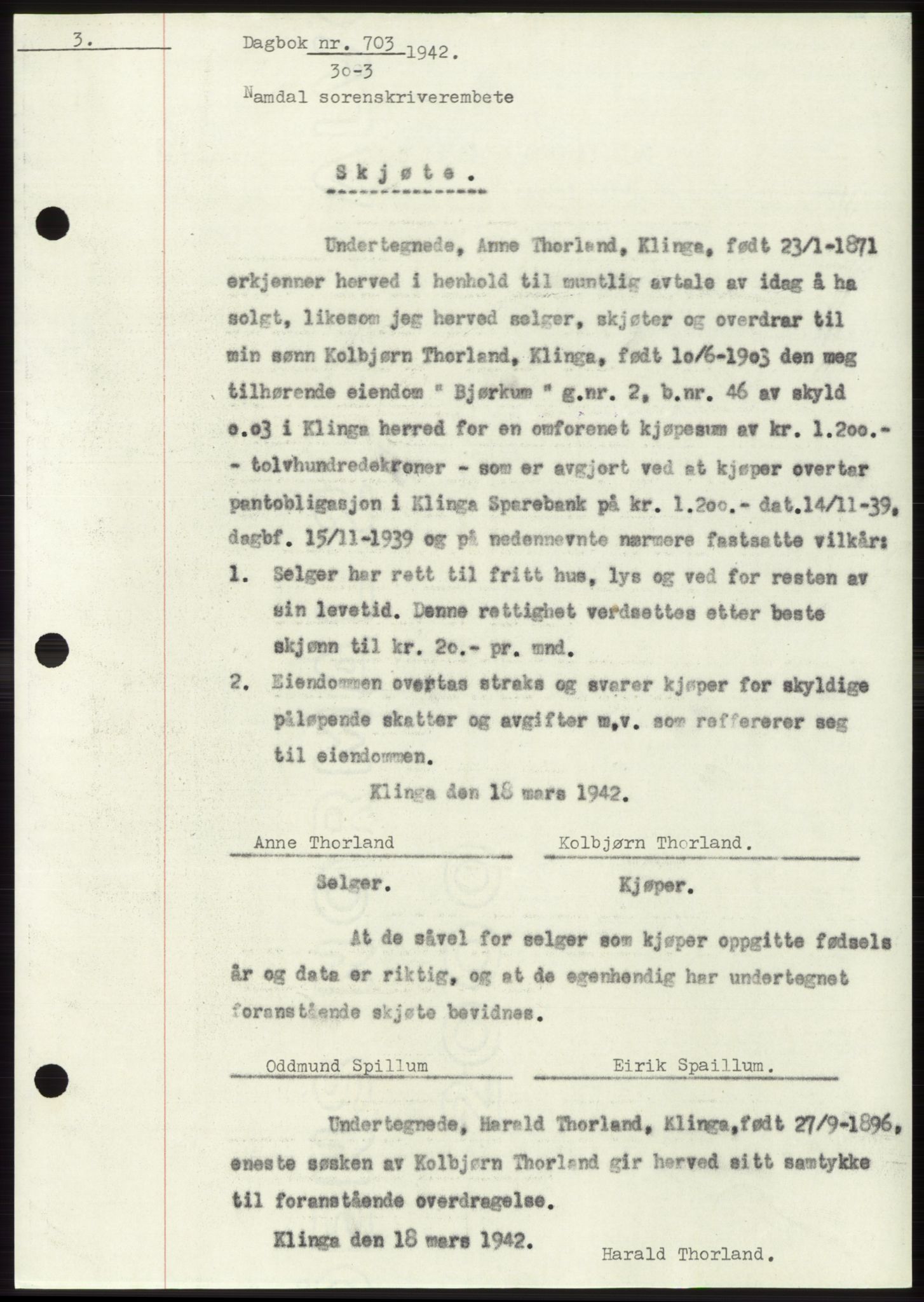Namdal sorenskriveri, SAT/A-4133/1/2/2C: Pantebok nr. -, 1941-1942, Dagboknr: 703/1942