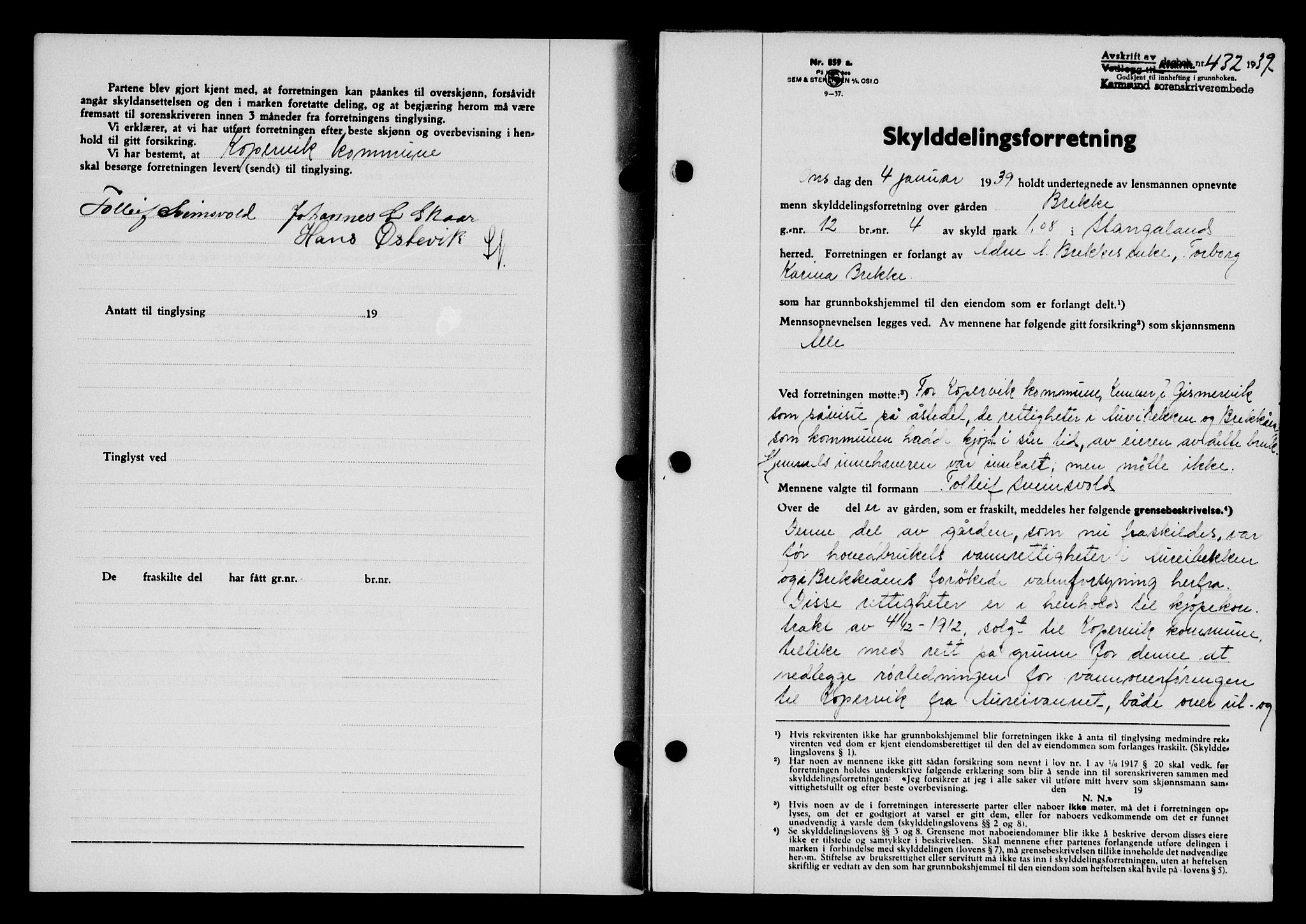 Karmsund sorenskriveri, SAST/A-100311/01/II/IIB/L0071: Pantebok nr. 52A, 1939-1939, Dagboknr: 432/1939