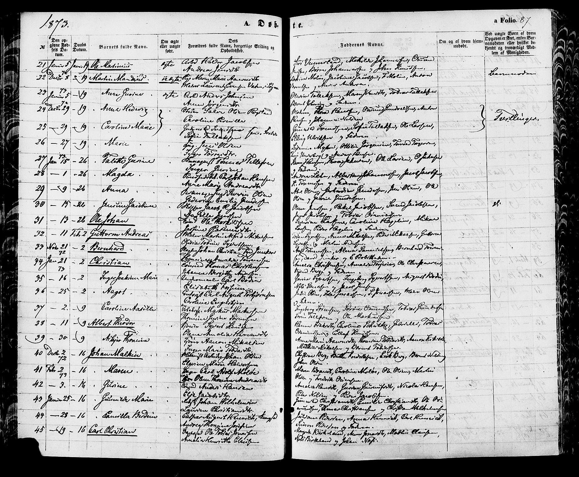 Kristiansand domprosti, AV/SAK-1112-0006/F/Fa/L0015: Ministerialbok nr. A 15, 1867-1880, s. 87