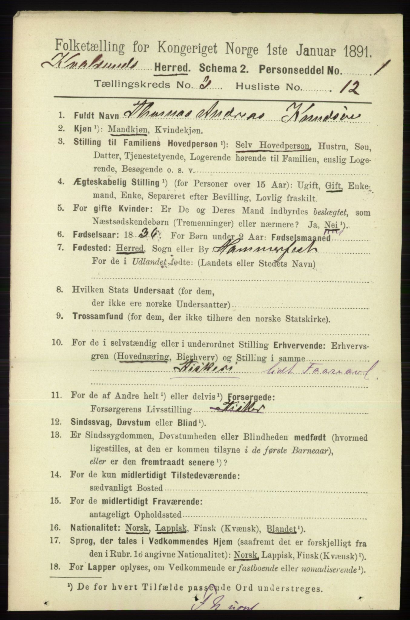 RA, Folketelling 1891 for 2017 Kvalsund herred, 1891, s. 34