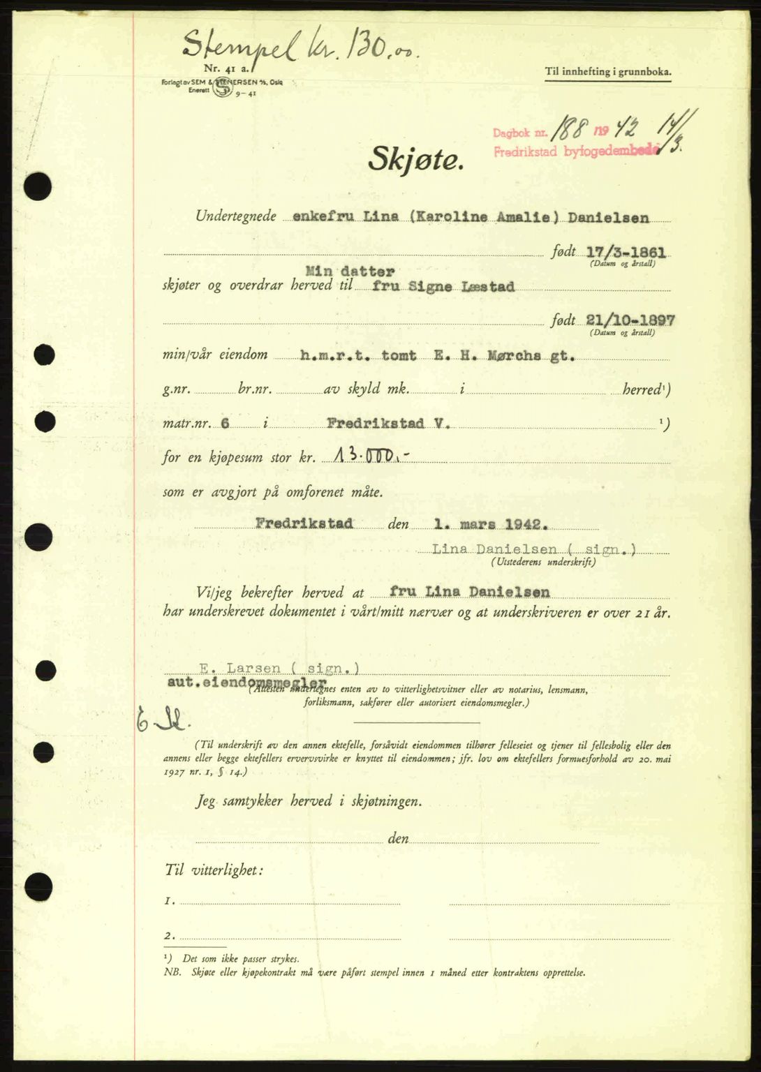 Fredrikstad byfogd, AV/SAO-A-10473a/G/Ga/Gac/L0002: Pantebok nr. A32a, 1940-1945, Dagboknr: 188/1942