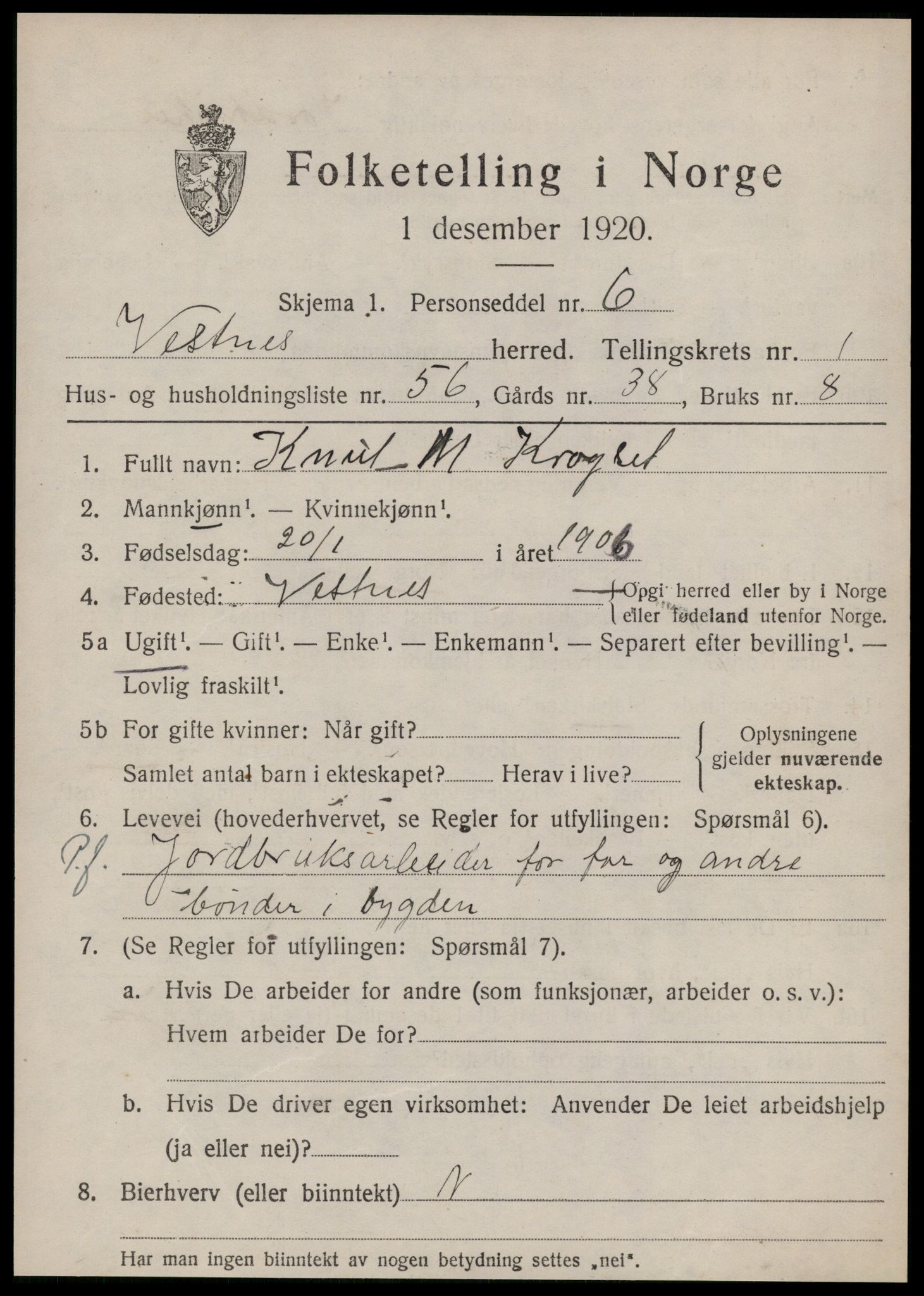 SAT, Folketelling 1920 for 1535 Vestnes herred, 1920, s. 1891
