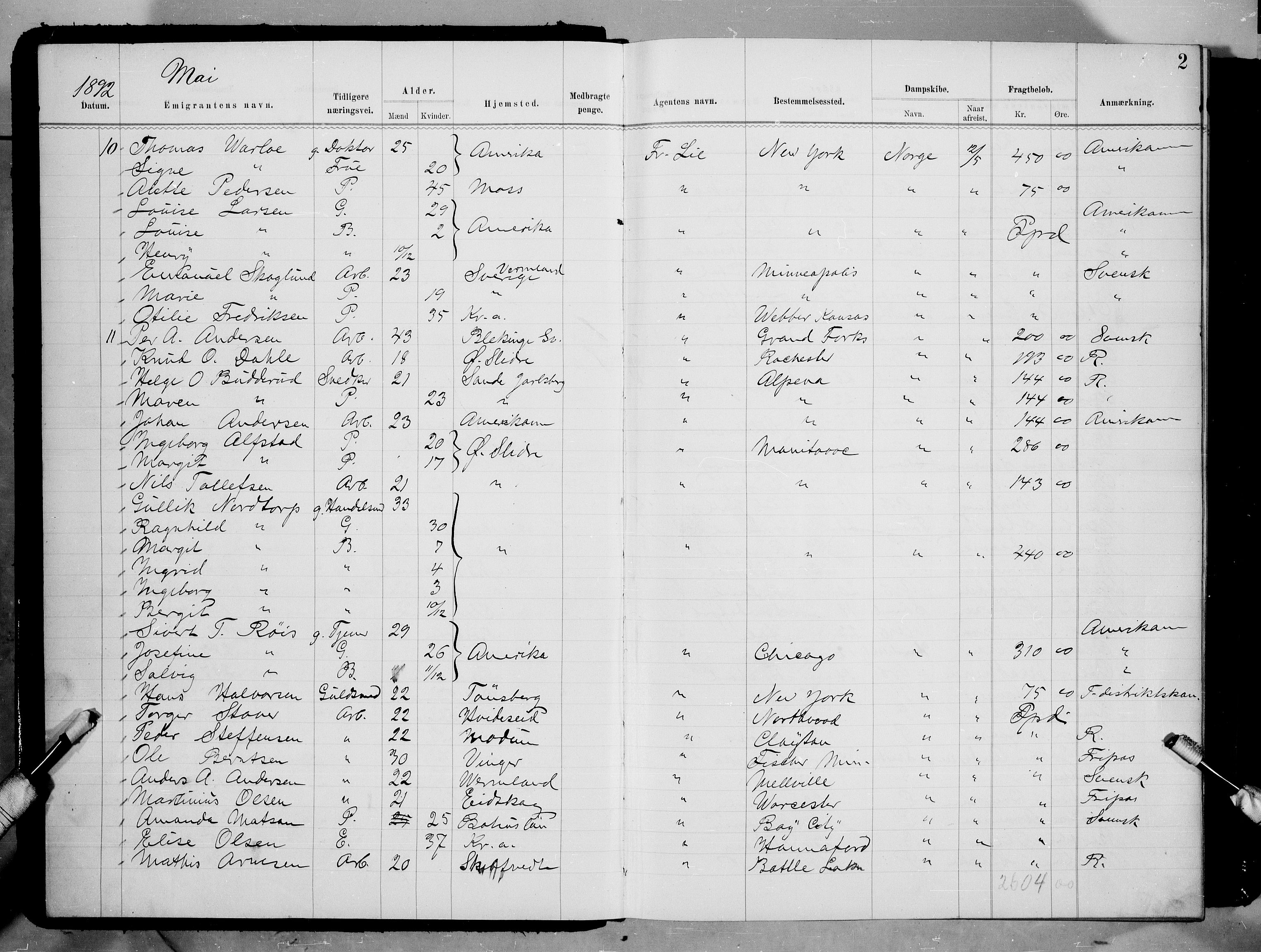 Oslo politidistrikt, AV/SAO-A-10085/E/Ee/Eef/L0017: Emigrantprotokoll, 1892-1893