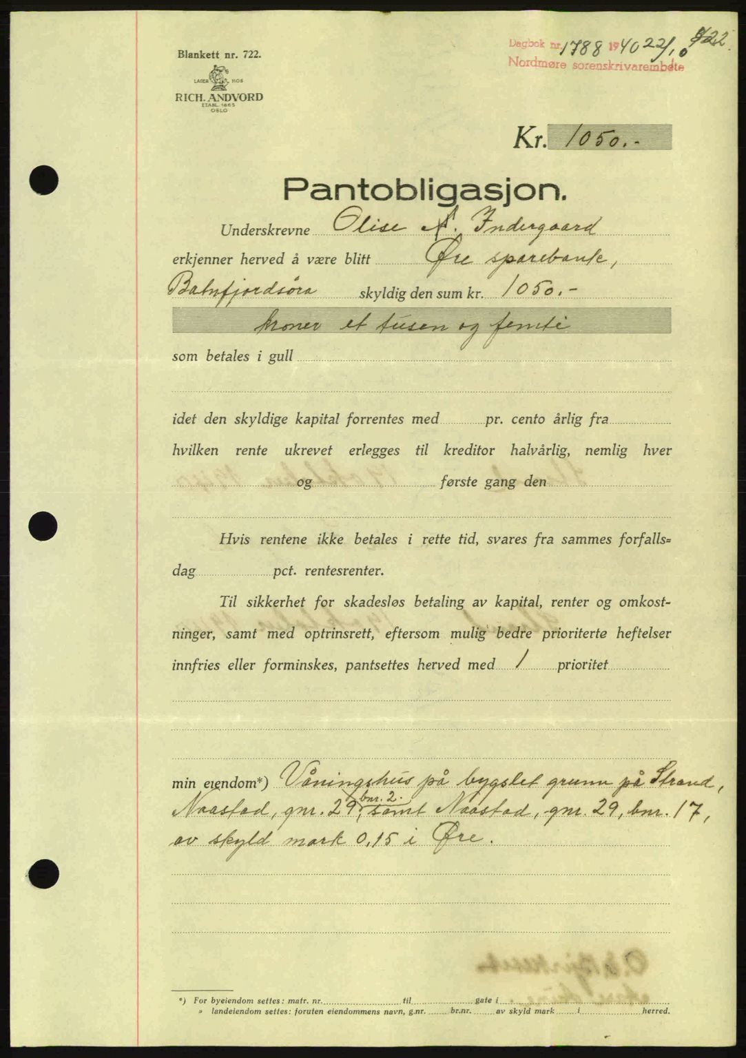 Nordmøre sorenskriveri, AV/SAT-A-4132/1/2/2Ca: Pantebok nr. B87, 1940-1941, Dagboknr: 1788/1940