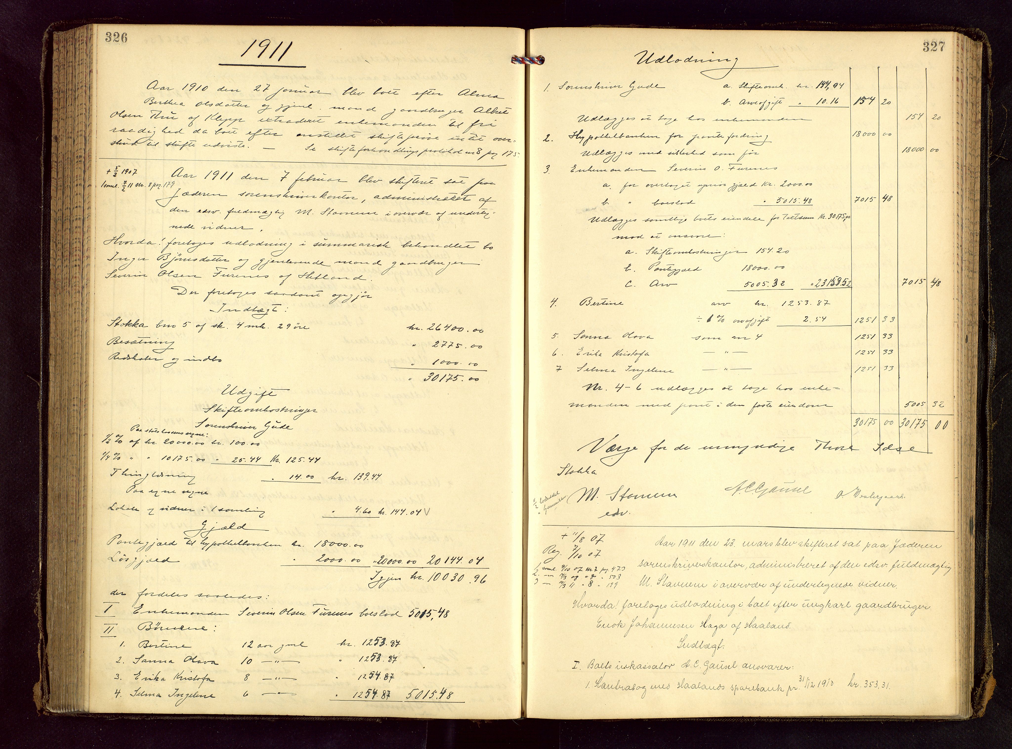 Jæren sorenskriveri, AV/SAST-A-100310/01/5/50/50BB/L0007: SKIFTEUTLODNINGSPROTOKOLL, 1907-1914, s. 326-327