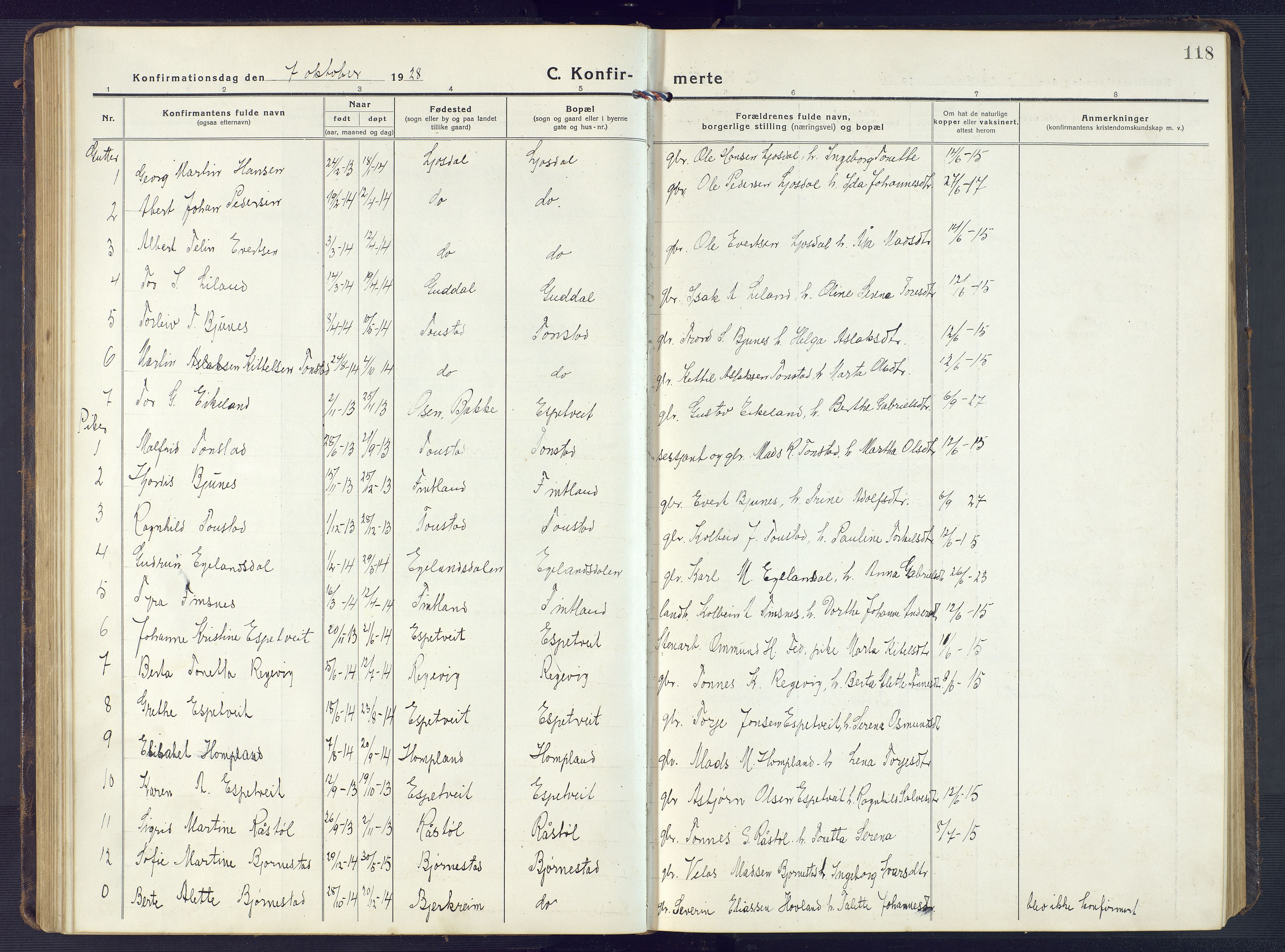 Sirdal sokneprestkontor, AV/SAK-1111-0036/F/Fb/Fbb/L0005: Klokkerbok nr. B 5, 1916-1960, s. 118