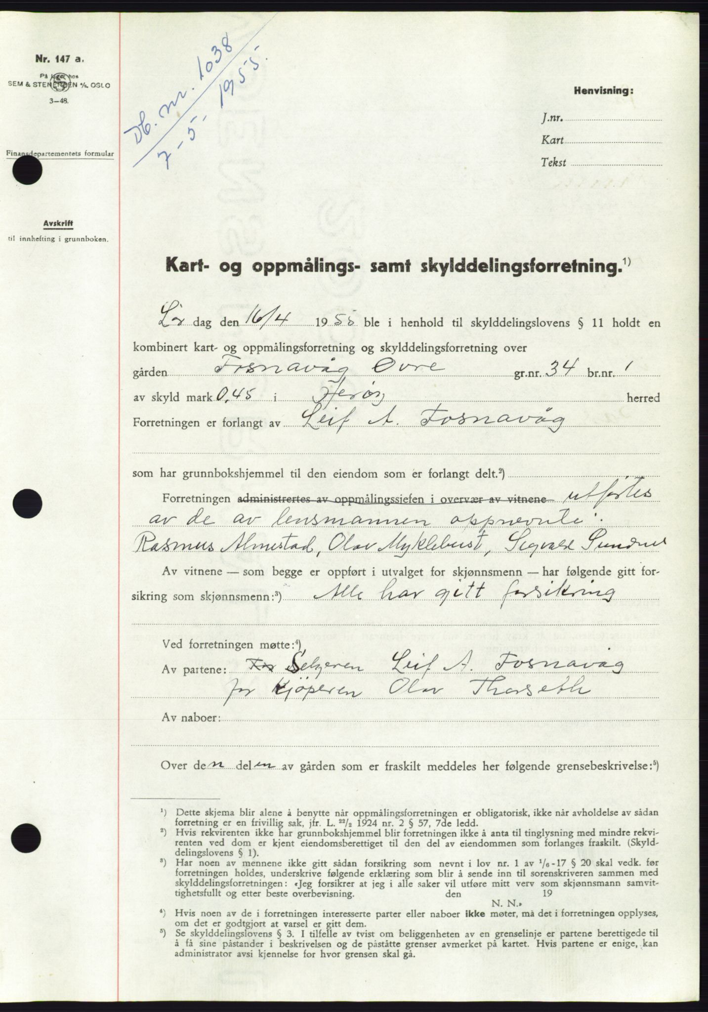 Søre Sunnmøre sorenskriveri, SAT/A-4122/1/2/2C/L0100: Pantebok nr. 26A, 1954-1955, Dagboknr: 1038/1955