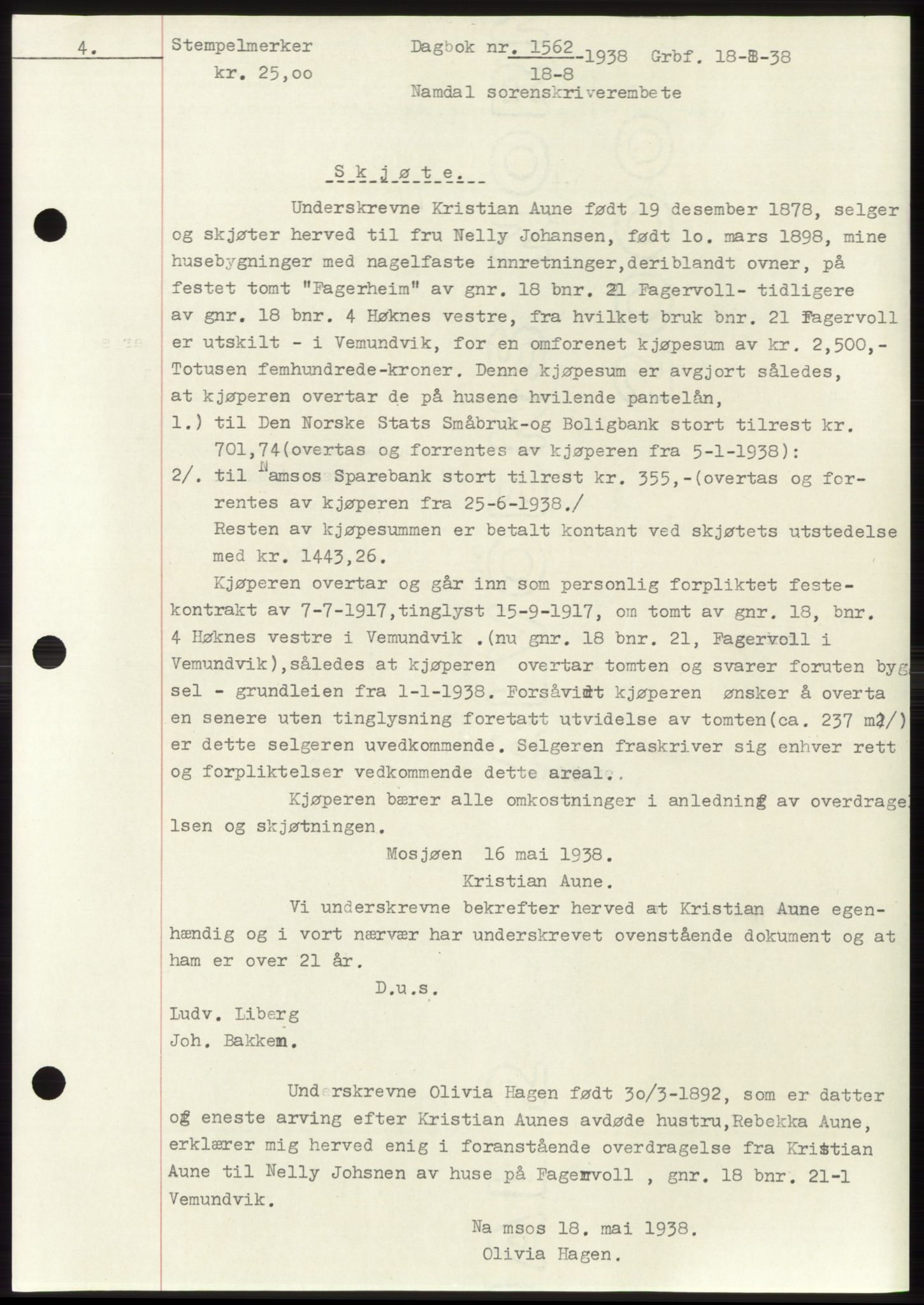 Namdal sorenskriveri, SAT/A-4133/1/2/2C: Pantebok nr. -, 1937-1939, Tingl.dato: 18.08.1938