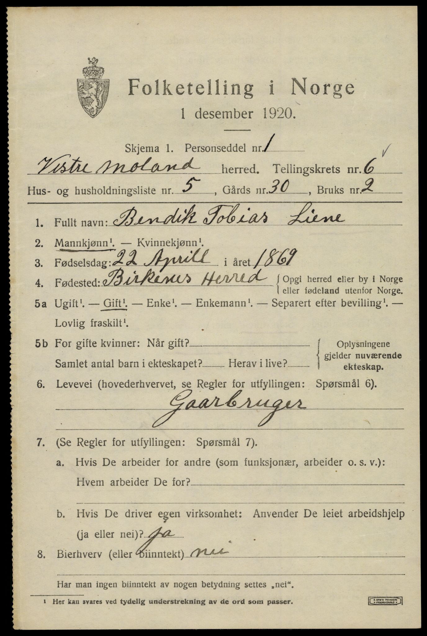 SAK, Folketelling 1920 for 0926 Vestre Moland herred, 1920, s. 4629