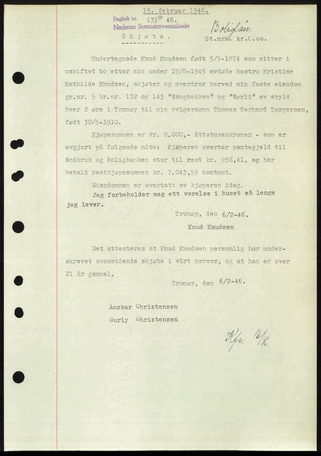 Nedenes sorenskriveri, AV/SAK-1221-0006/G/Gb/Gba/L0054: Pantebok nr. A6c, 1946-1946, Dagboknr: 131/1946