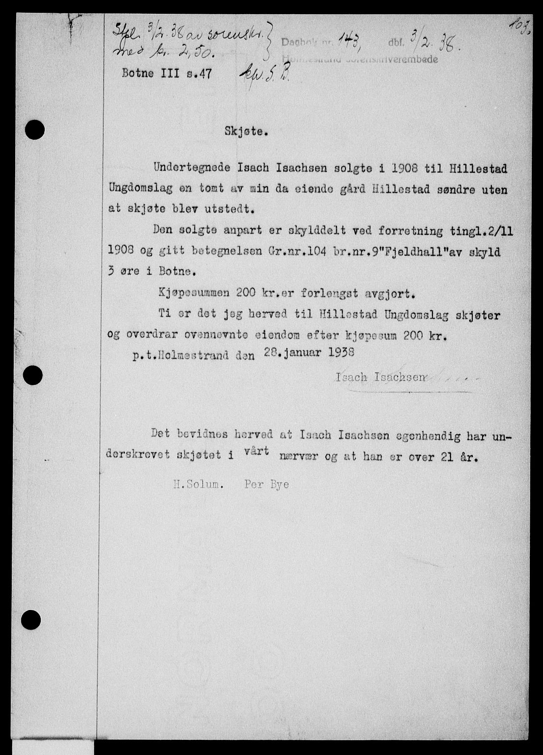 Holmestrand sorenskriveri, SAKO/A-67/G/Ga/Gaa/L0049: Pantebok nr. A-49, 1937-1938, Dagboknr: 143/1938