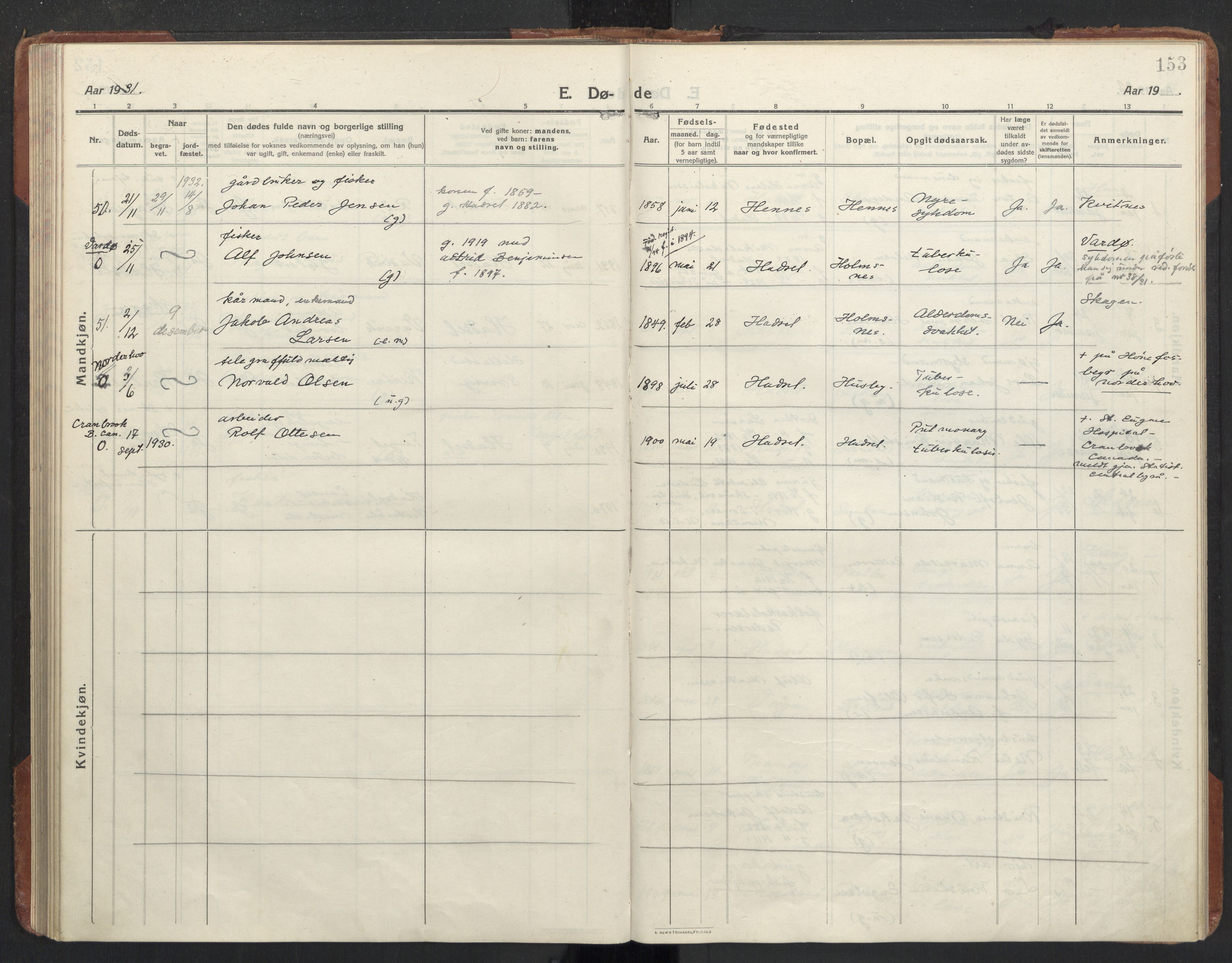 Ministerialprotokoller, klokkerbøker og fødselsregistre - Nordland, AV/SAT-A-1459/888/L1269: Klokkerbok nr. 888C11, 1913-1937, s. 153