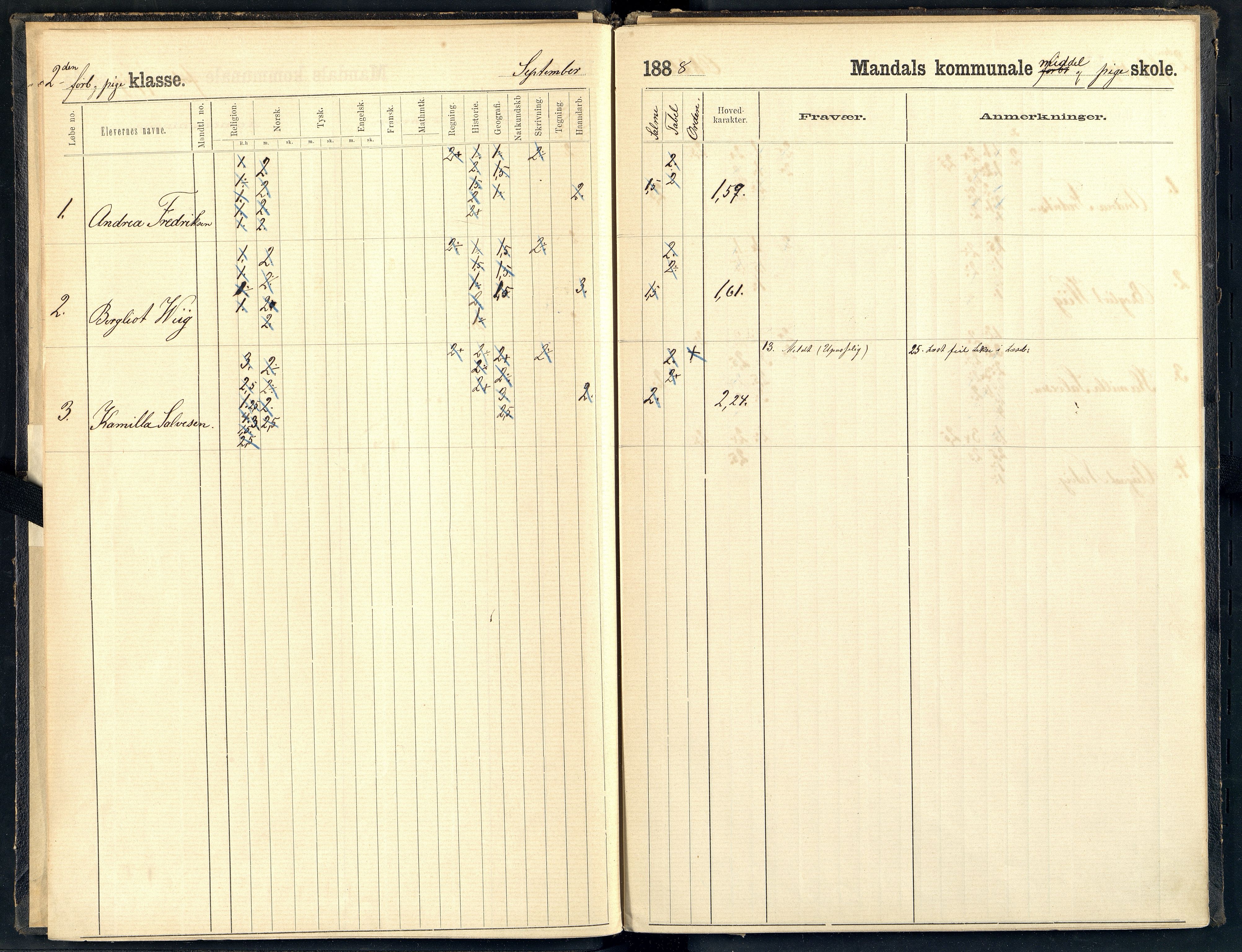 Mandal By - Borgerskolen/Middelskolen/Høiere Allmenskole, ARKSOR/1002MG550/I/L0008: Dagbok (d), 1888-1889