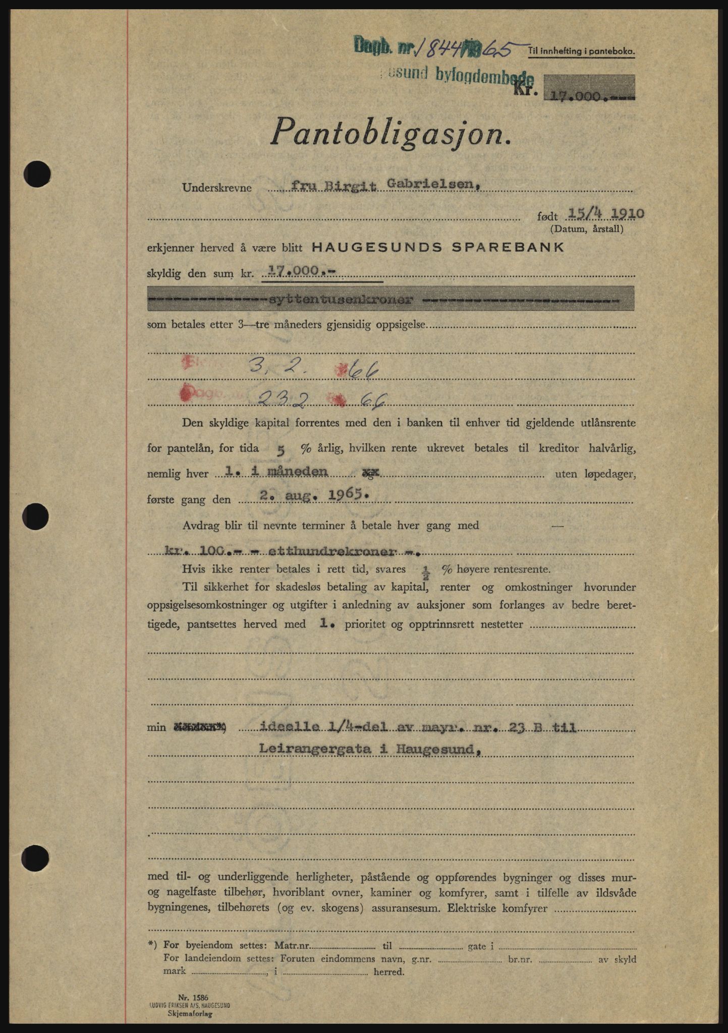Haugesund tingrett, SAST/A-101415/01/II/IIC/L0053: Pantebok nr. B 53, 1965-1965, Dagboknr: 1844/1965