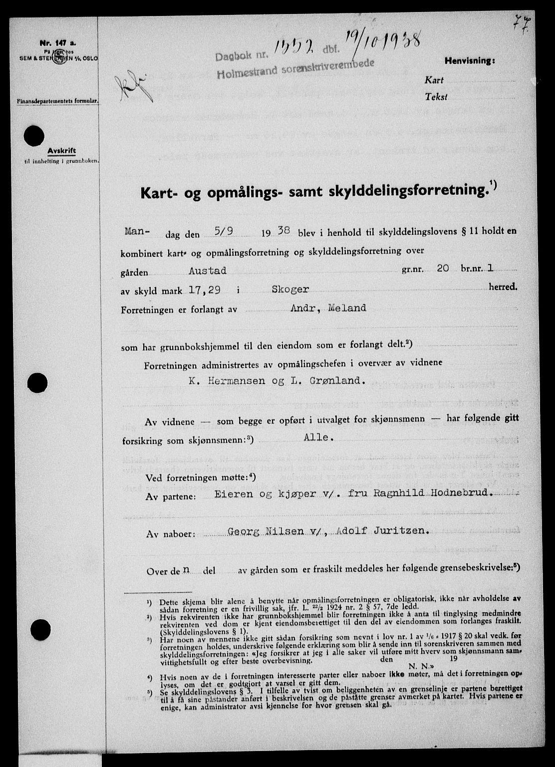 Holmestrand sorenskriveri, SAKO/A-67/G/Ga/Gaa/L0050: Pantebok nr. A-50, 1938-1939, Dagboknr: 1552/1938