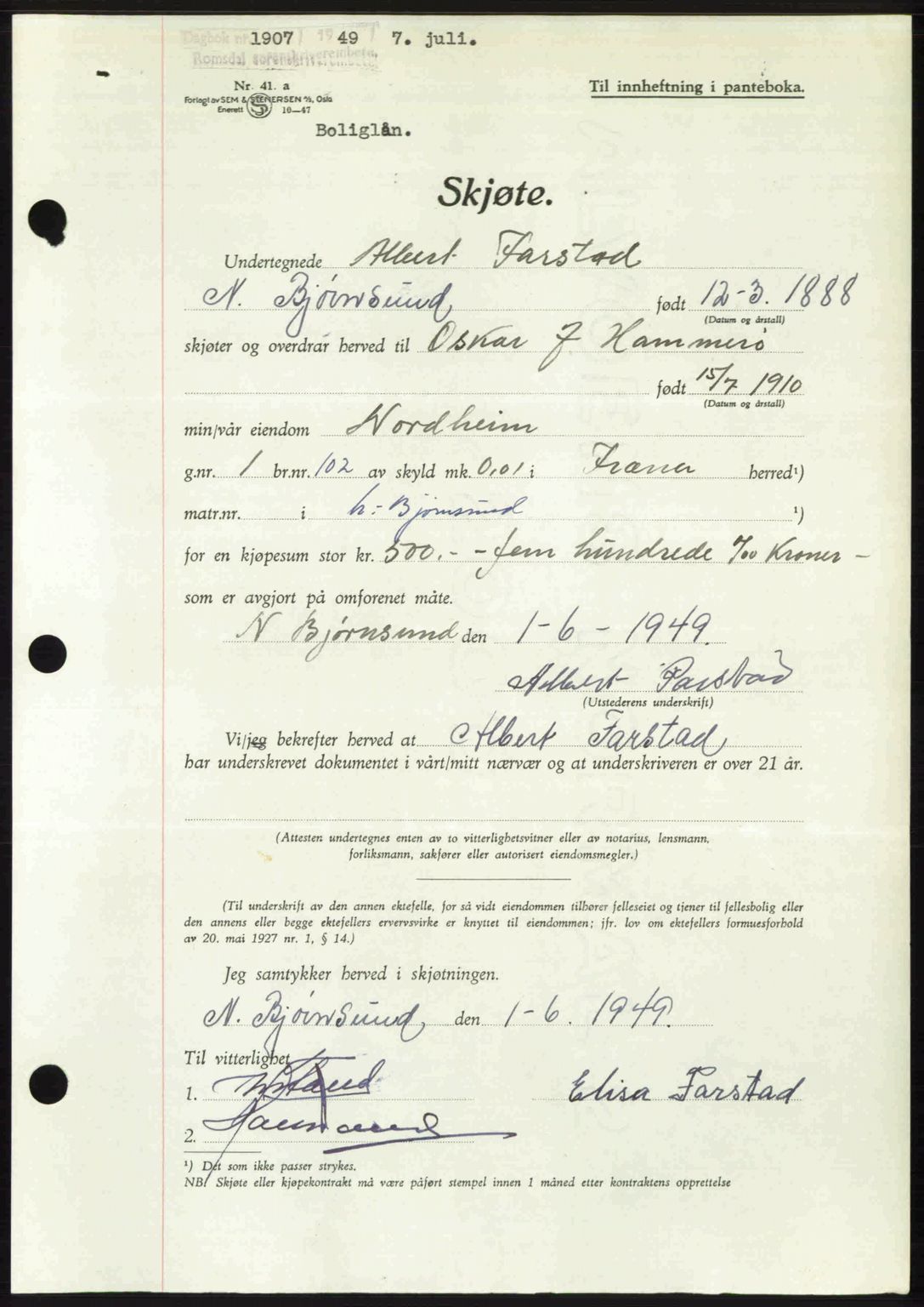 Romsdal sorenskriveri, SAT/A-4149/1/2/2C: Pantebok nr. A30, 1949-1949, Dagboknr: 1907/1949