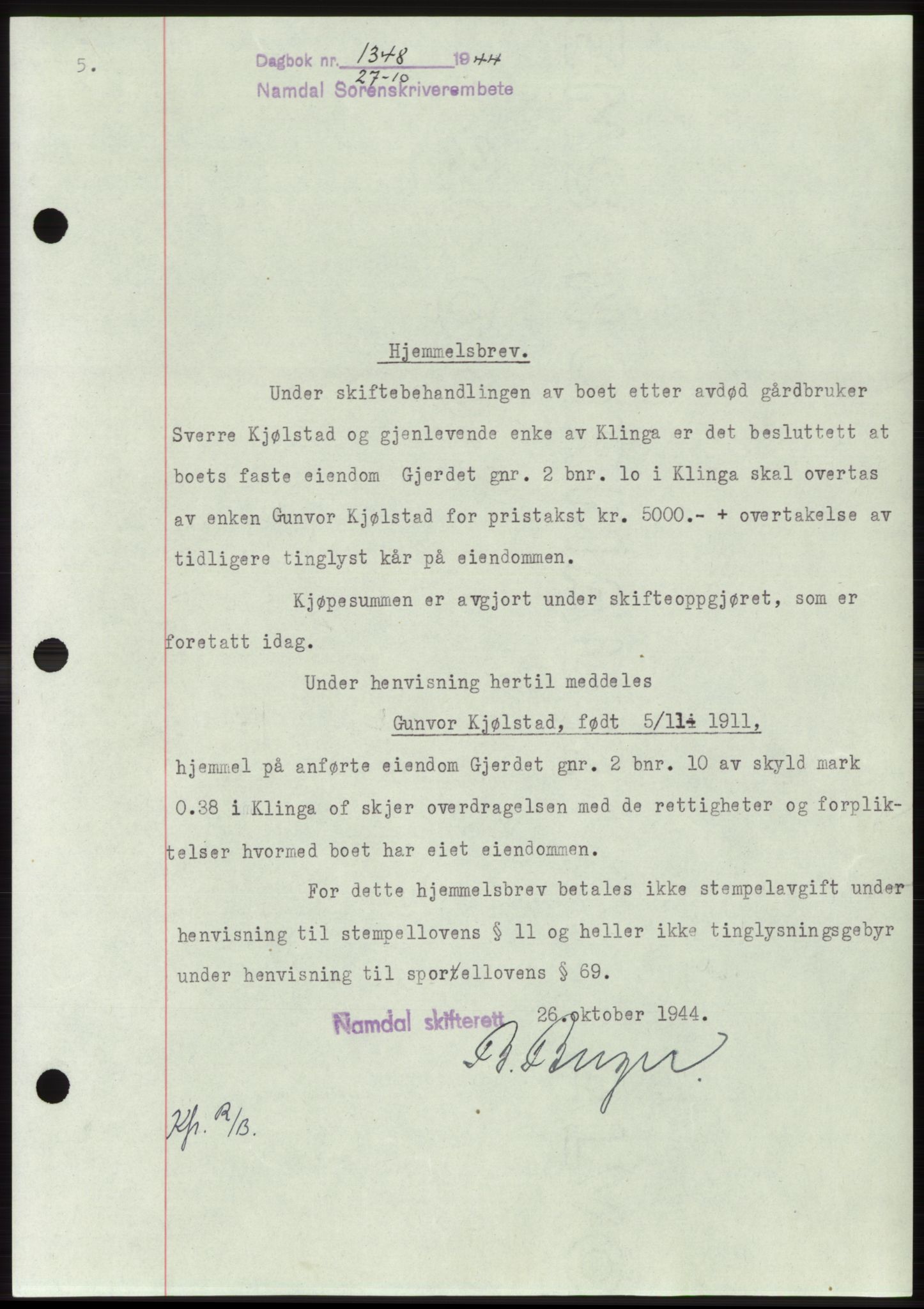 Namdal sorenskriveri, SAT/A-4133/1/2/2C: Pantebok nr. -, 1944-1945, Dagboknr: 1348/1944