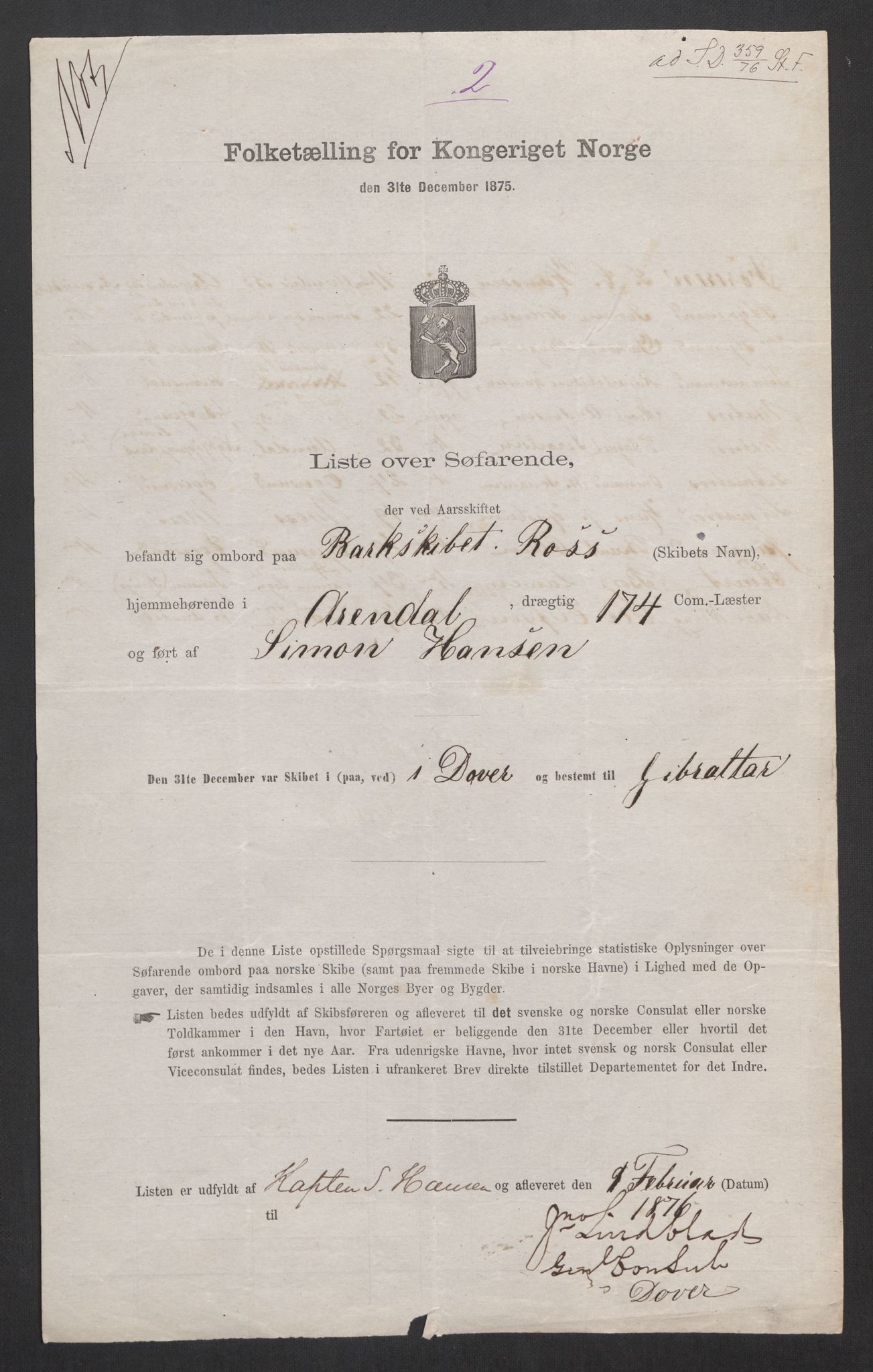 RA, Folketelling 1875, skipslister: Skip i utenrikske havner, hjemmehørende i byer og ladesteder, Fredrikshald - Arendal, 1875, s. 1095