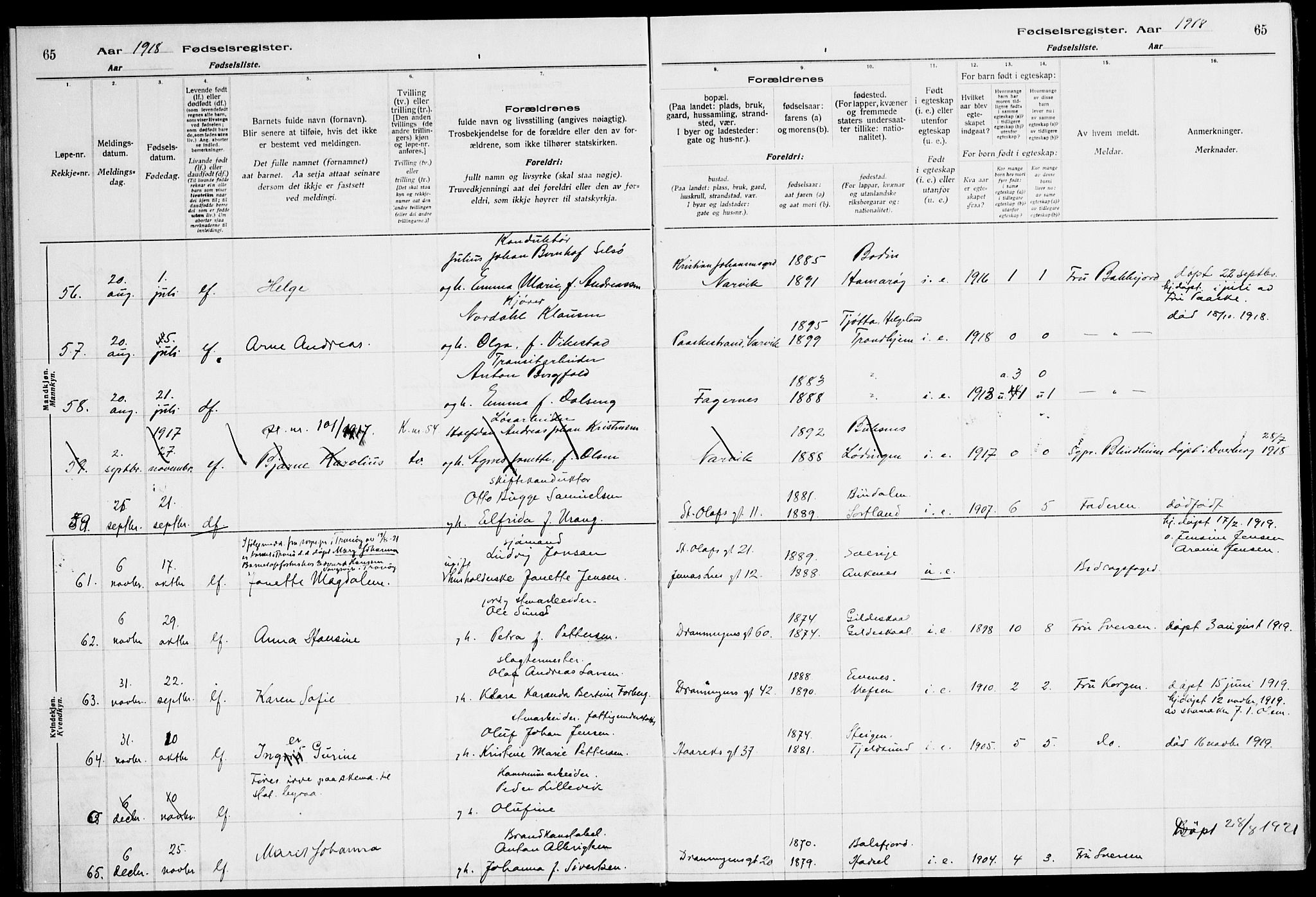 Ministerialprotokoller, klokkerbøker og fødselsregistre - Nordland, AV/SAT-A-1459/871/L1013: Fødselsregister nr. 871.II.4.1, 1916-1924, s. 65