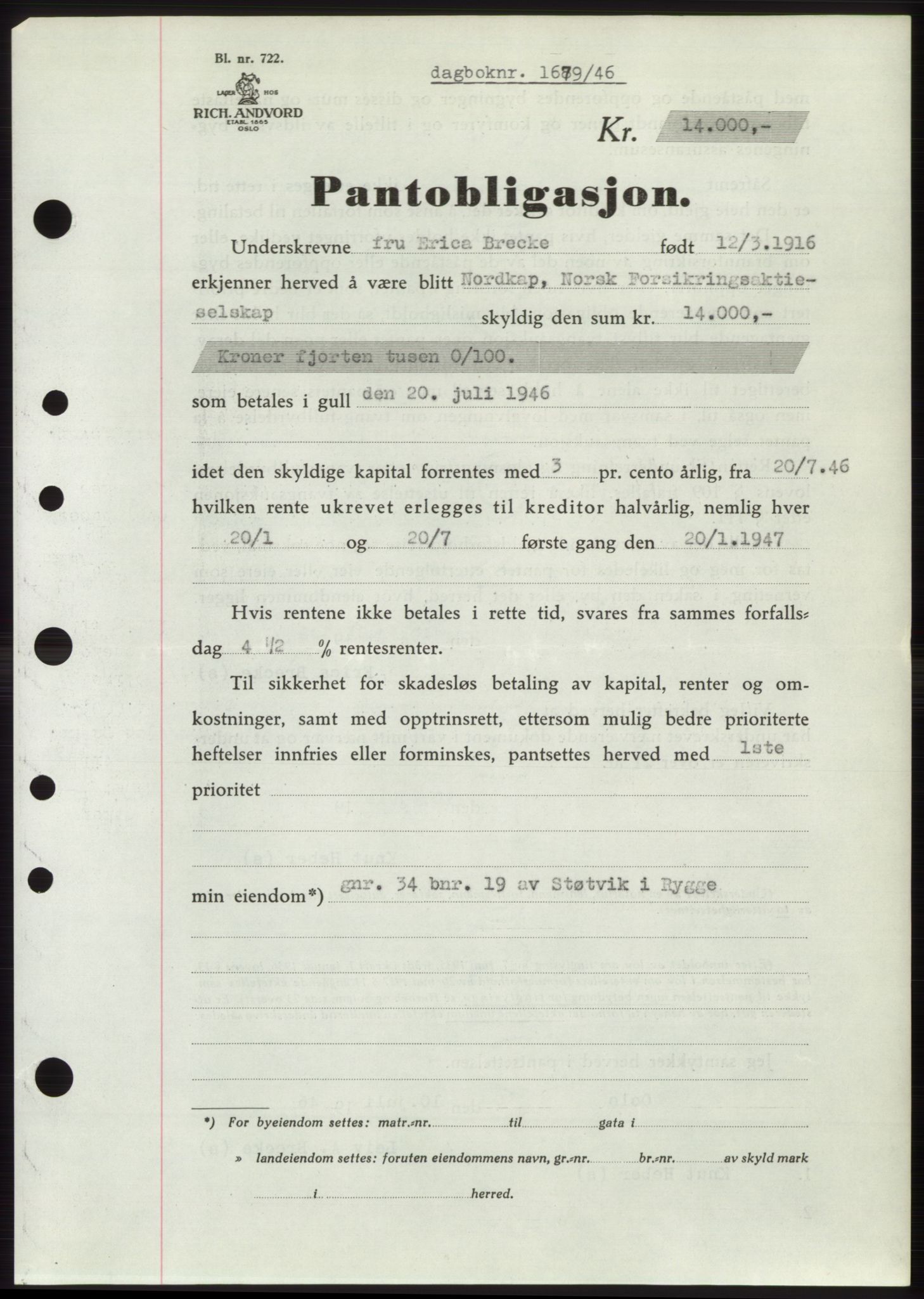 Moss sorenskriveri, SAO/A-10168: Pantebok nr. B15, 1946-1946, Dagboknr: 1679/1946
