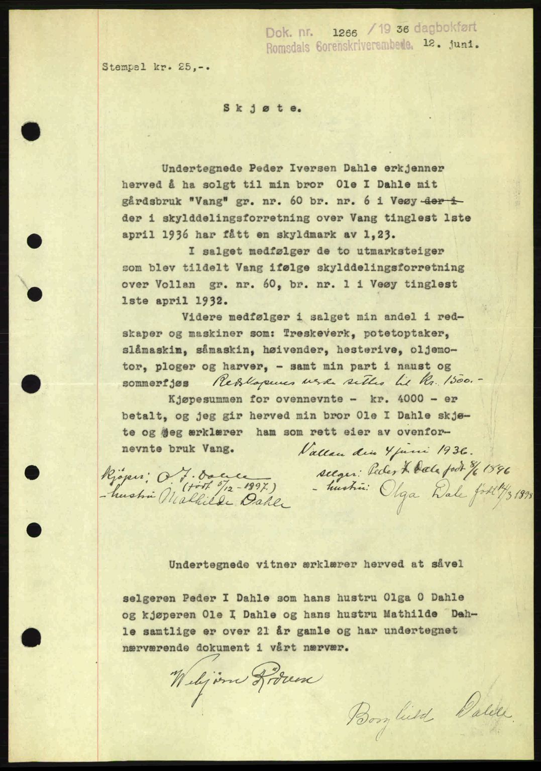 Romsdal sorenskriveri, SAT/A-4149/1/2/2C: Pantebok nr. A1, 1936-1936, Dagboknr: 1266/1936