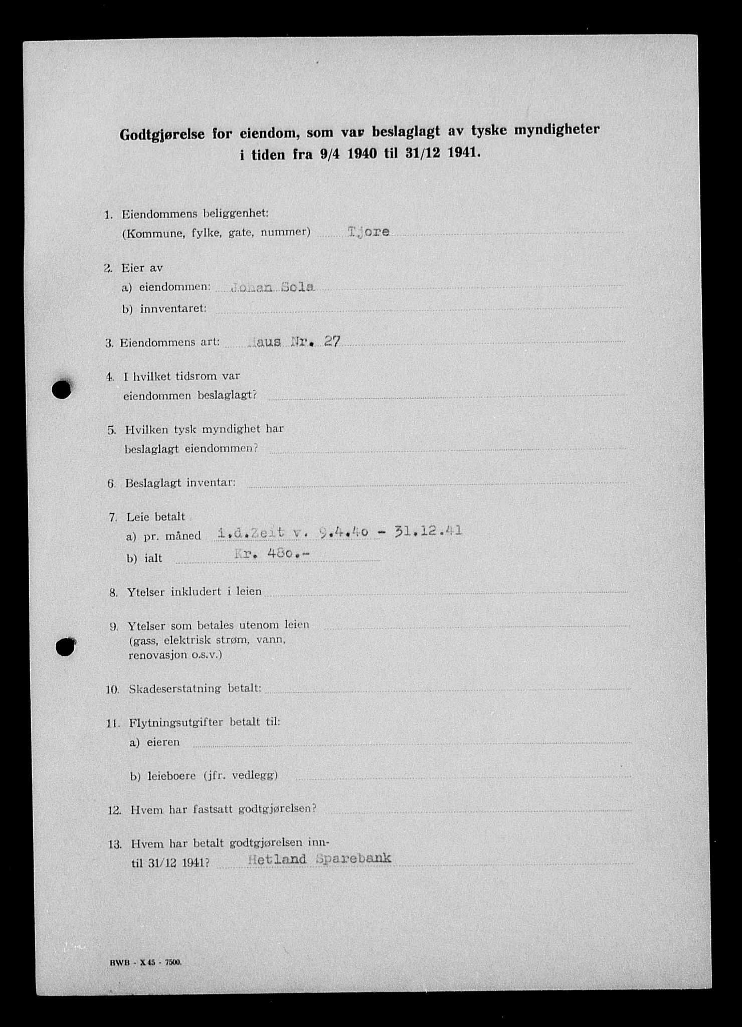 Justisdepartementet, Tilbakeføringskontoret for inndratte formuer, AV/RA-S-1564/I/L1015: Godtgjørelse for beslaglagt eiendom, 1940-1941, s. 229