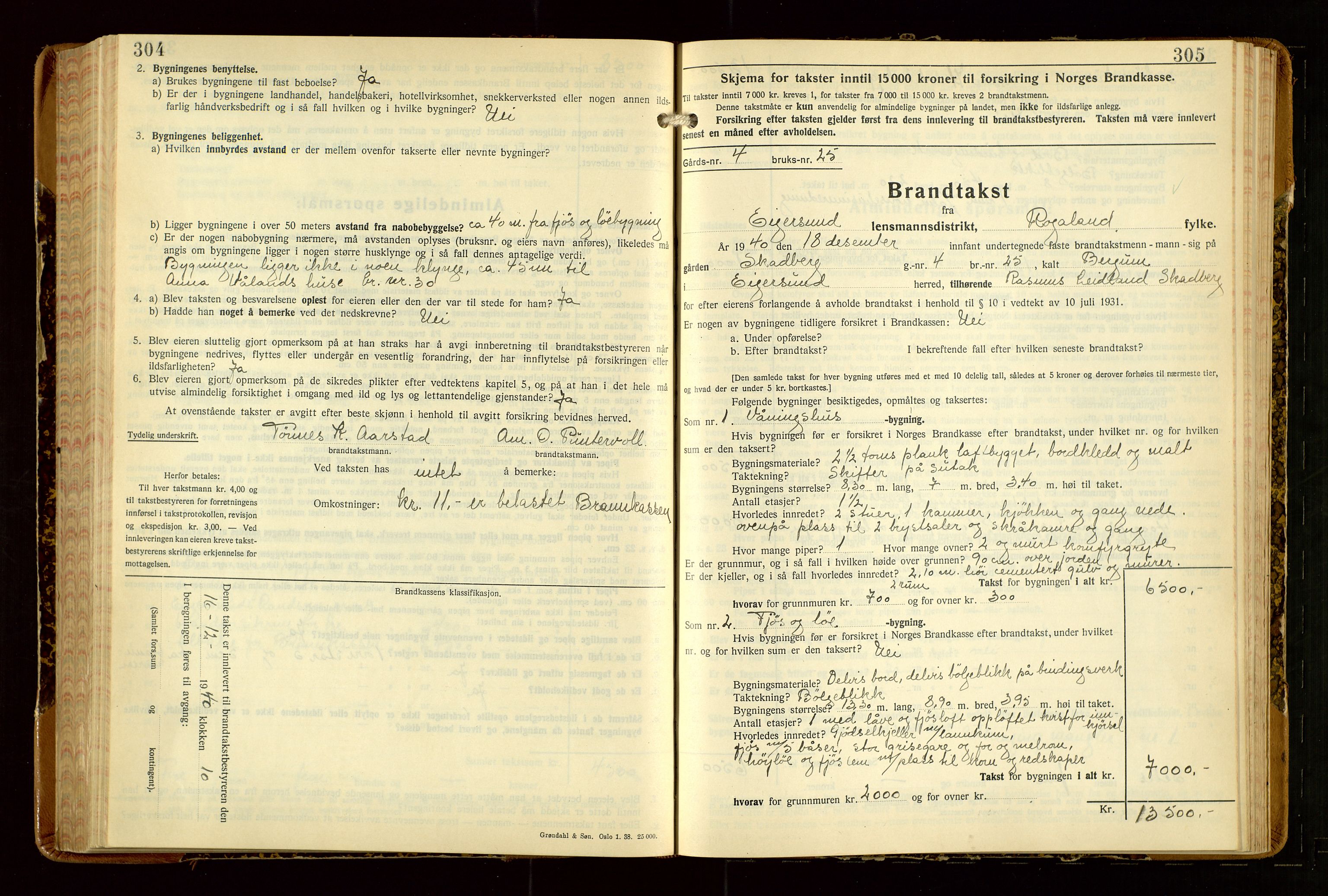 Eigersund lensmannskontor, AV/SAST-A-100171/Gob/L0007: "Brandtakstprotokoll", 1938-1955, s. 304-305