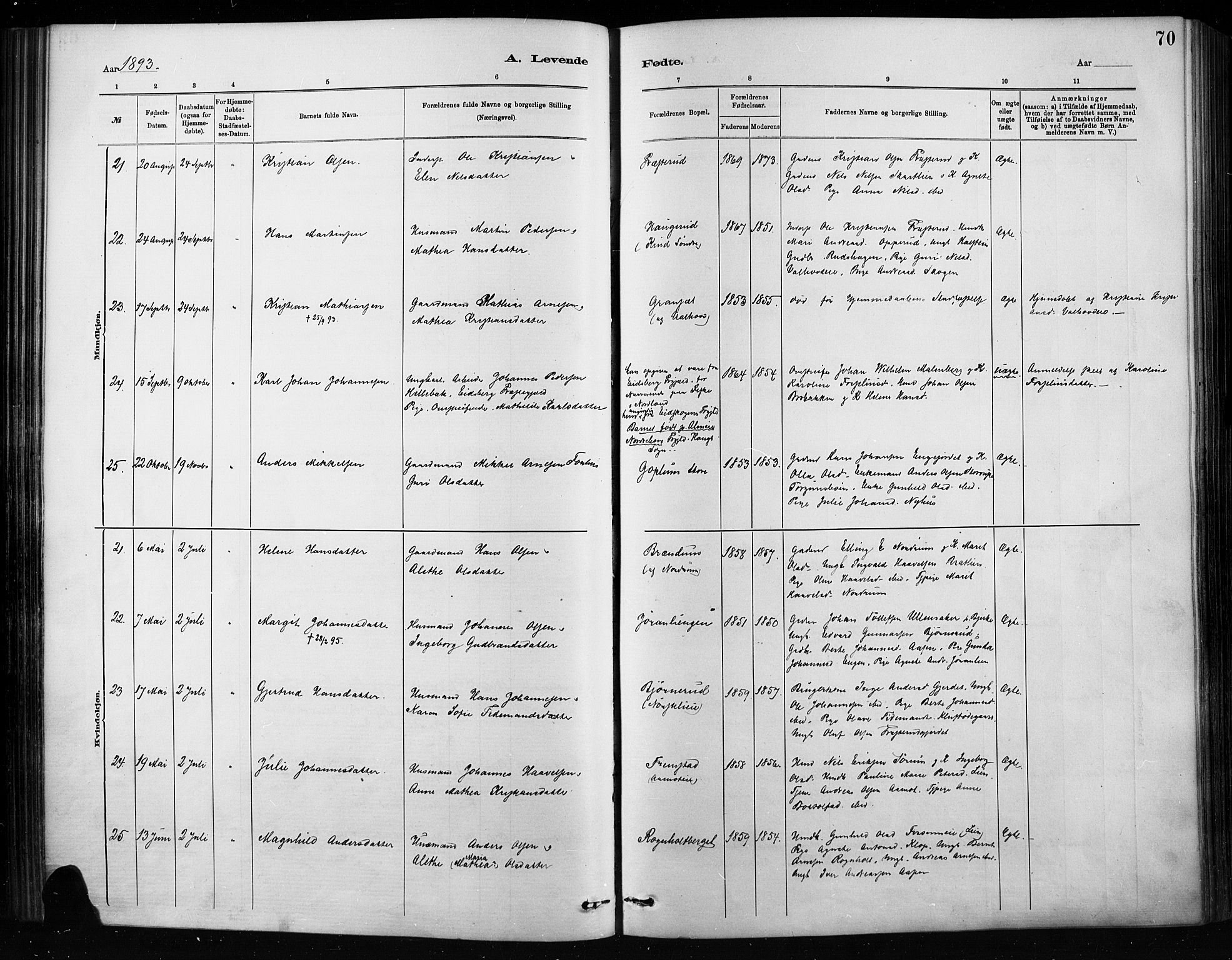 Nordre Land prestekontor, SAH/PREST-124/H/Ha/Haa/L0004: Ministerialbok nr. 4, 1882-1896, s. 70