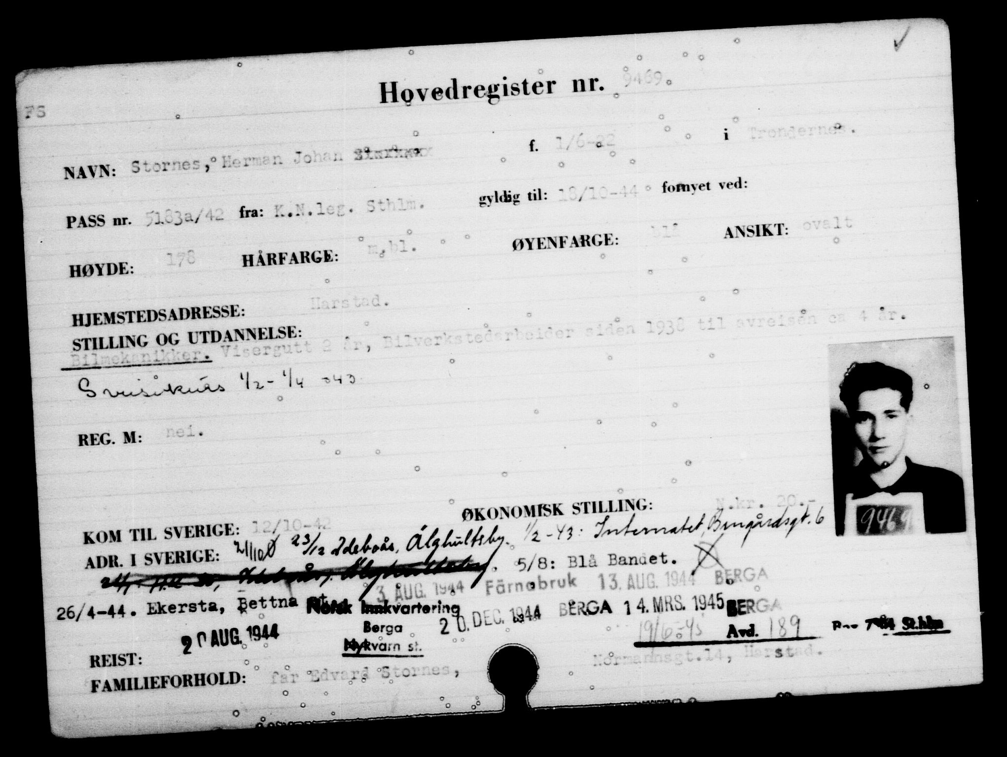 Utenriksstasjonene, Legasjonen i Stockholm, Flyktningkontoret, AV/RA-S-6753/V/Va/L0006: Kjesäterkartoteket, flyktninger med registreringsnr. 9400-12711, 1940-1945, s. 75