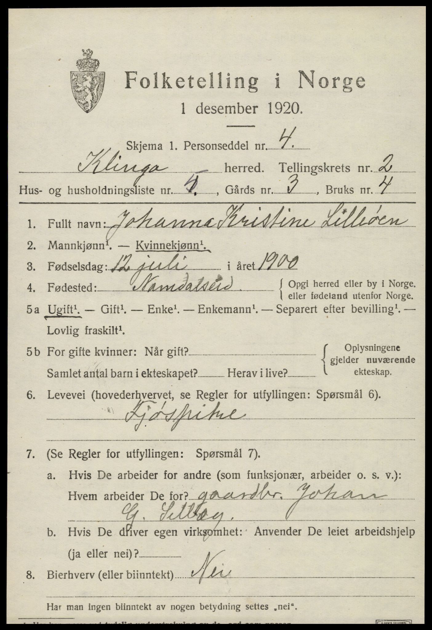 SAT, Folketelling 1920 for 1746 Klinga herred, 1920, s. 1443