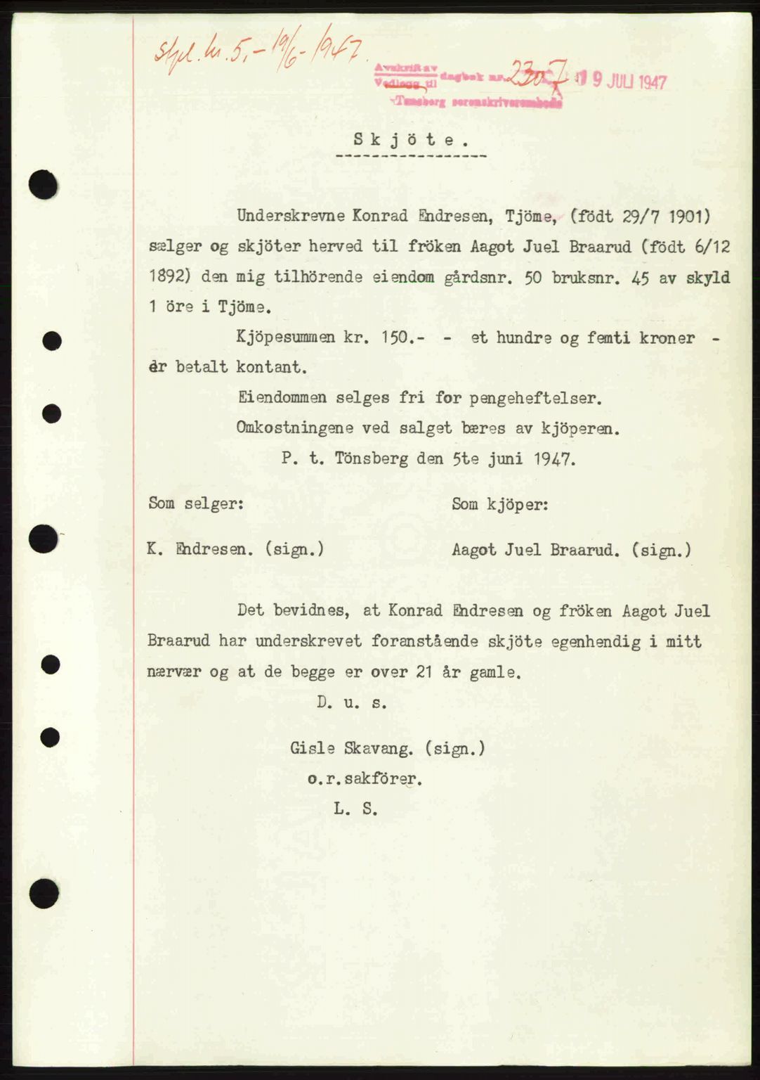 Tønsberg sorenskriveri, SAKO/A-130/G/Ga/Gaa/L0022: Pantebok nr. A22, 1947-1947, Dagboknr: 2307/1947