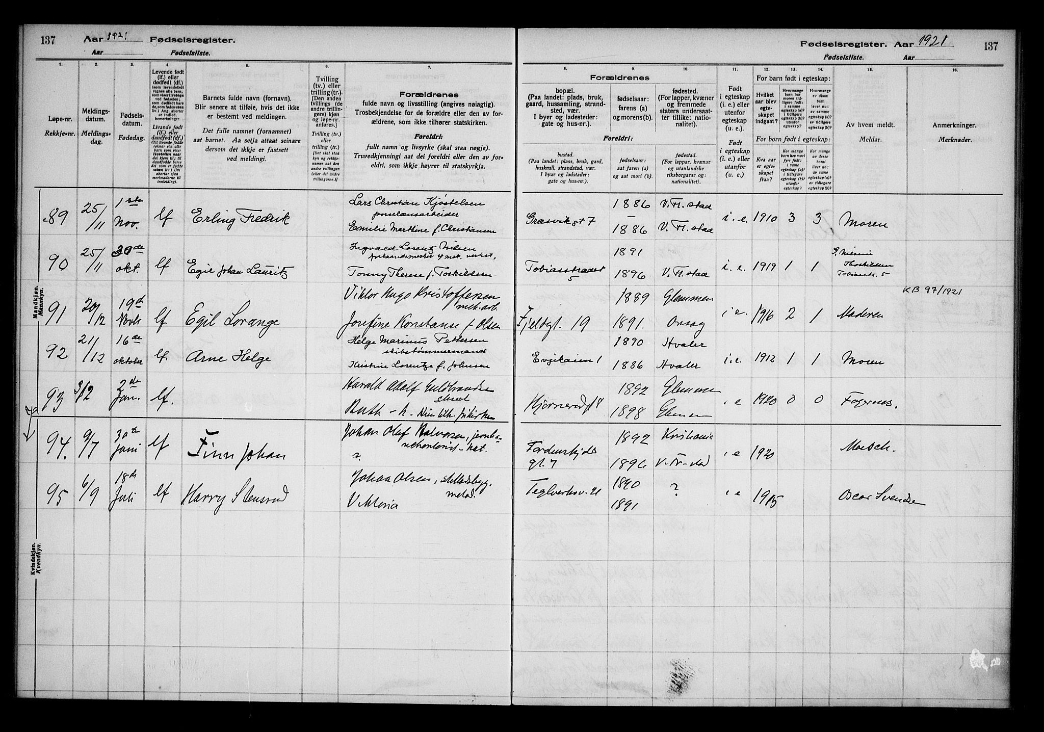 Fredrikstad domkirkes prestekontor Kirkebøker, AV/SAO-A-10906/J/*Ja/L0001: Fødselsregister nr. 1, 1916-1925, s. 137