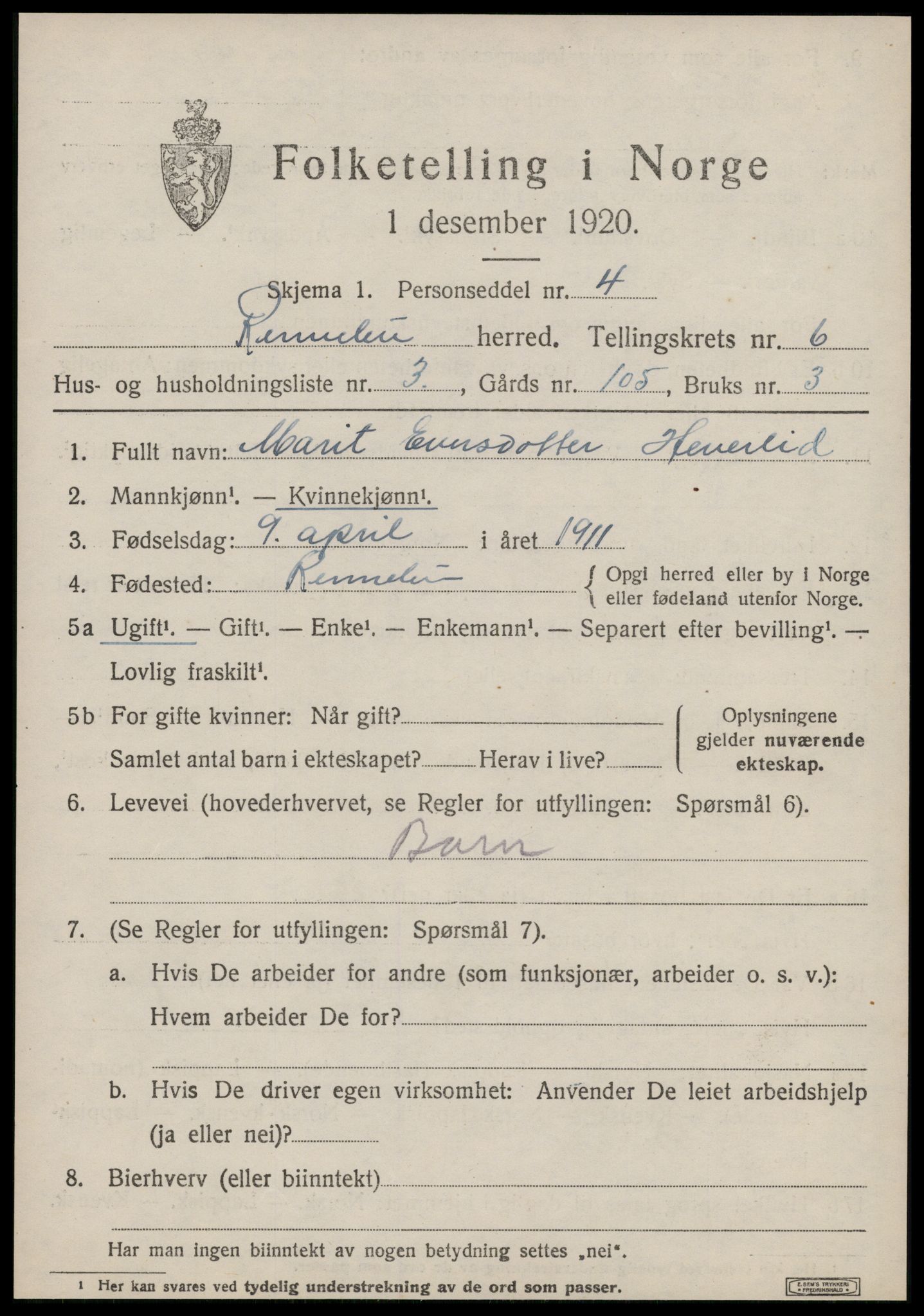SAT, Folketelling 1920 for 1635 Rennebu herred, 1920, s. 4440