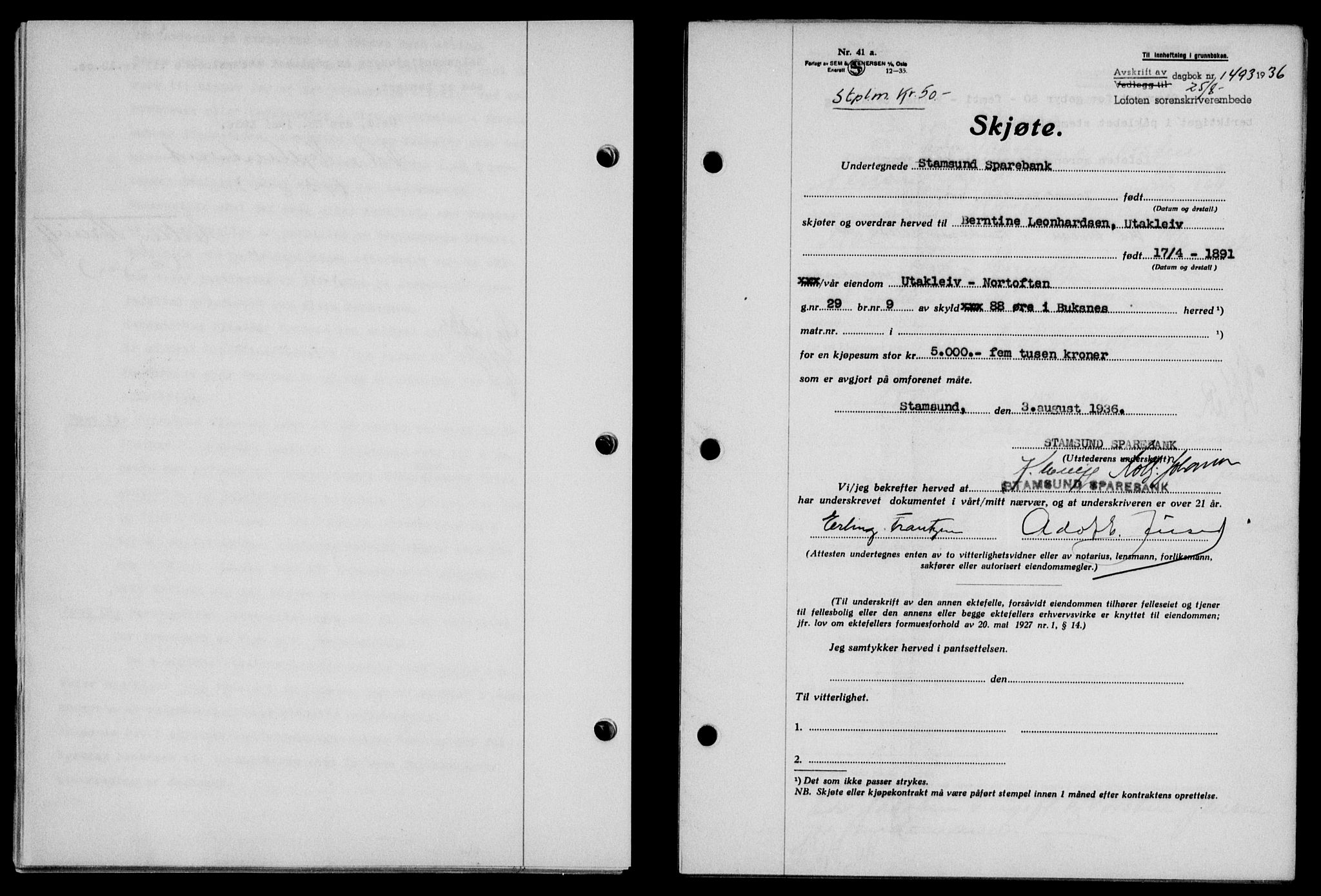 Lofoten sorenskriveri, SAT/A-0017/1/2/2C/L0001a: Pantebok nr. 1a, 1936-1937, Dagboknr: 1493/1936
