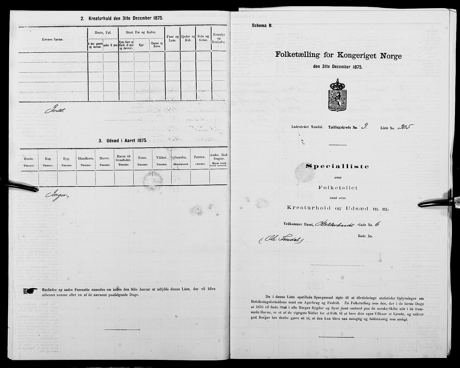 SAK, Folketelling 1875 for 1002B Mandal prestegjeld, Mandal ladested, 1875, s. 641