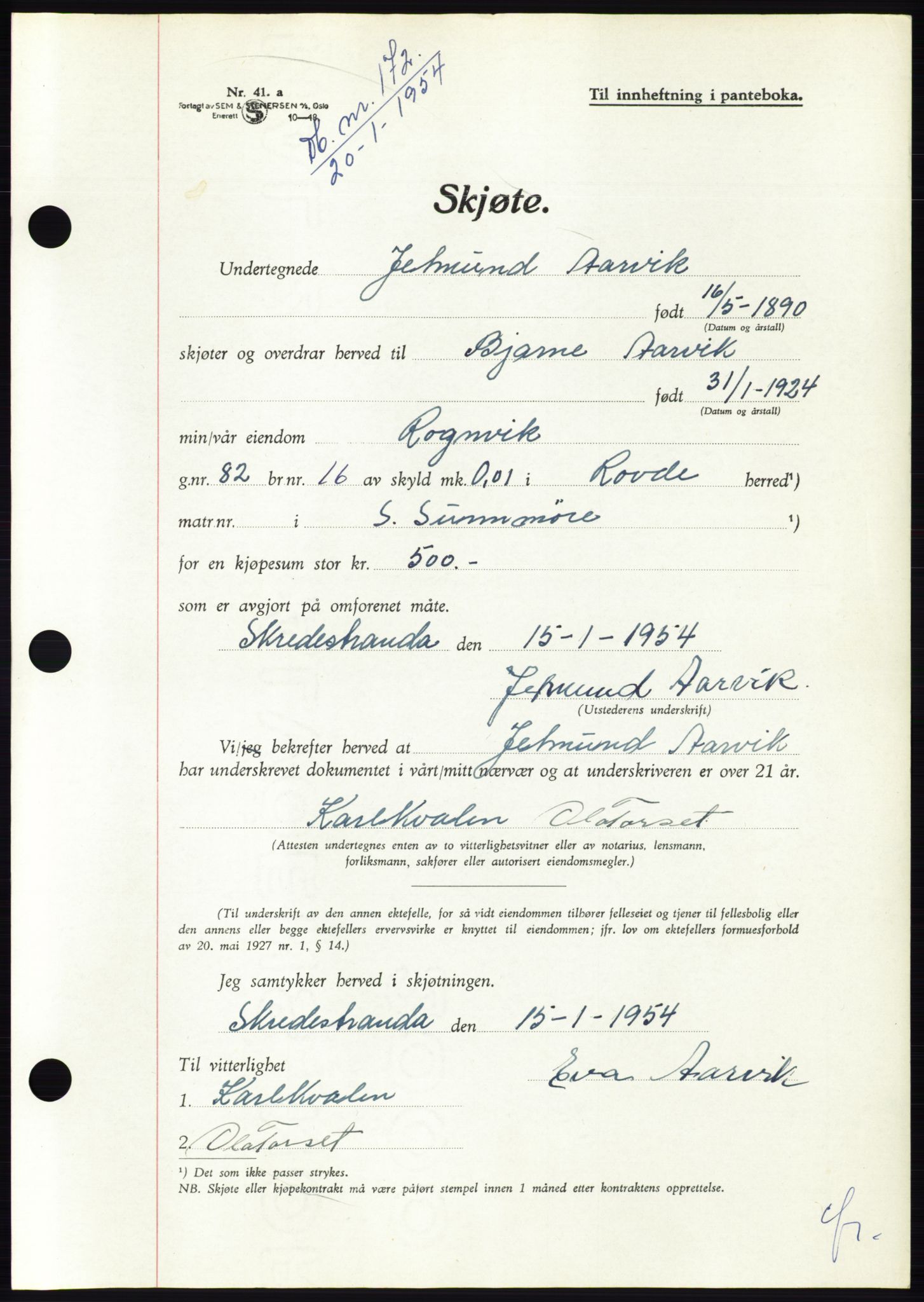 Søre Sunnmøre sorenskriveri, AV/SAT-A-4122/1/2/2C/L0097: Pantebok nr. 23A, 1954-1954, Dagboknr: 172/1954