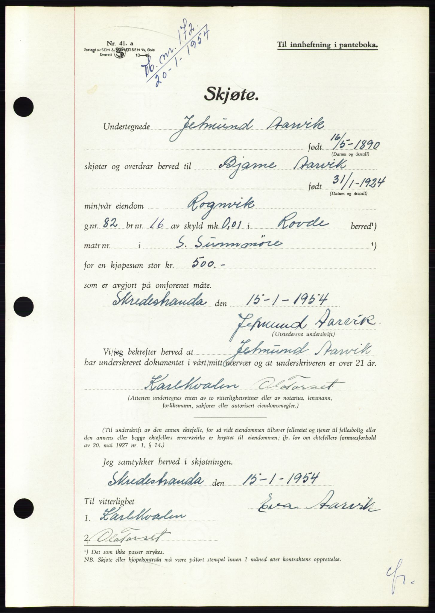 Søre Sunnmøre sorenskriveri, SAT/A-4122/1/2/2C/L0097: Pantebok nr. 23A, 1954-1954, Dagboknr: 172/1954