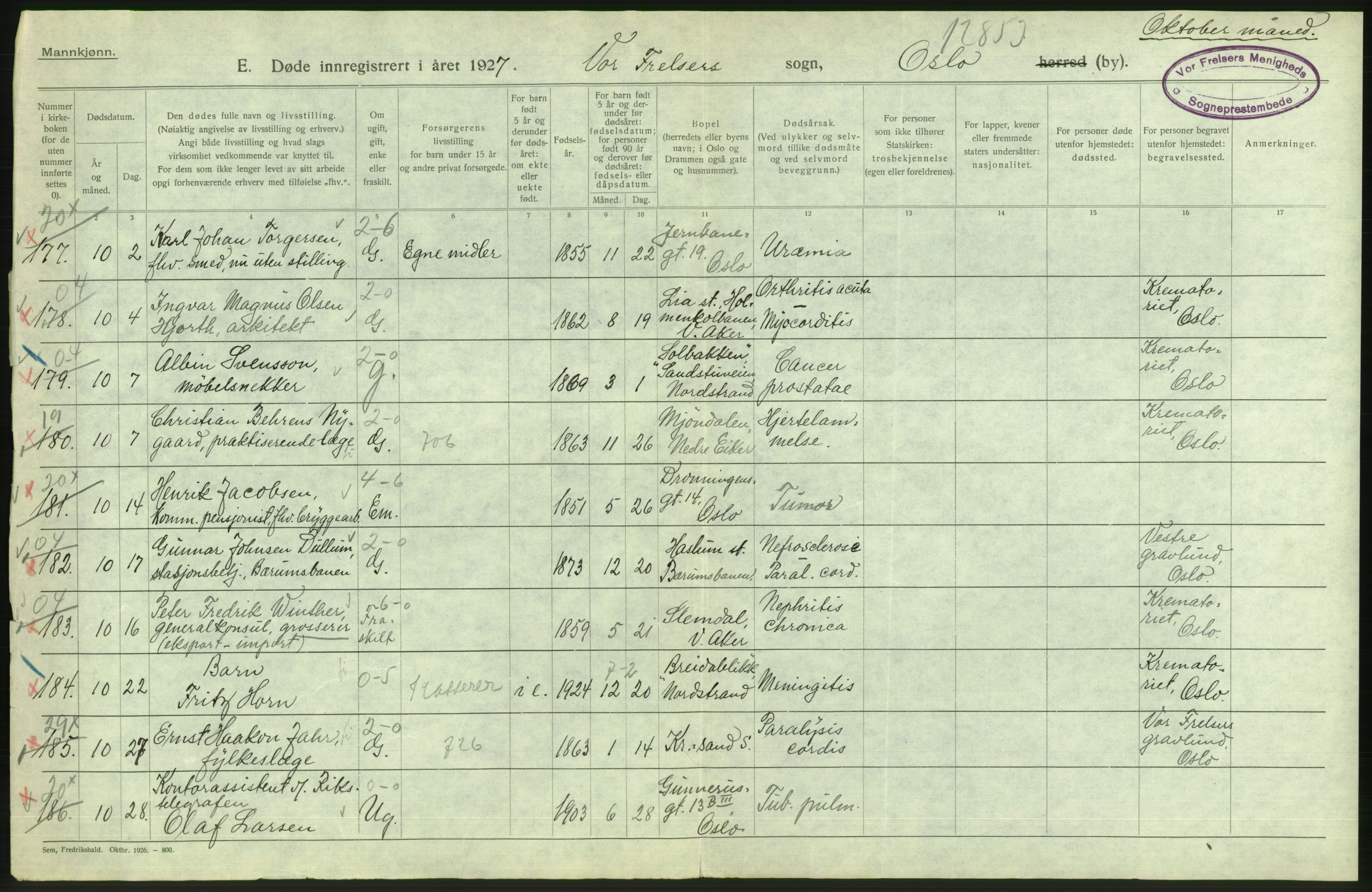 Statistisk sentralbyrå, Sosiodemografiske emner, Befolkning, AV/RA-S-2228/D/Df/Dfc/Dfcg/L0009: Oslo: Døde menn, 1927, s. 48